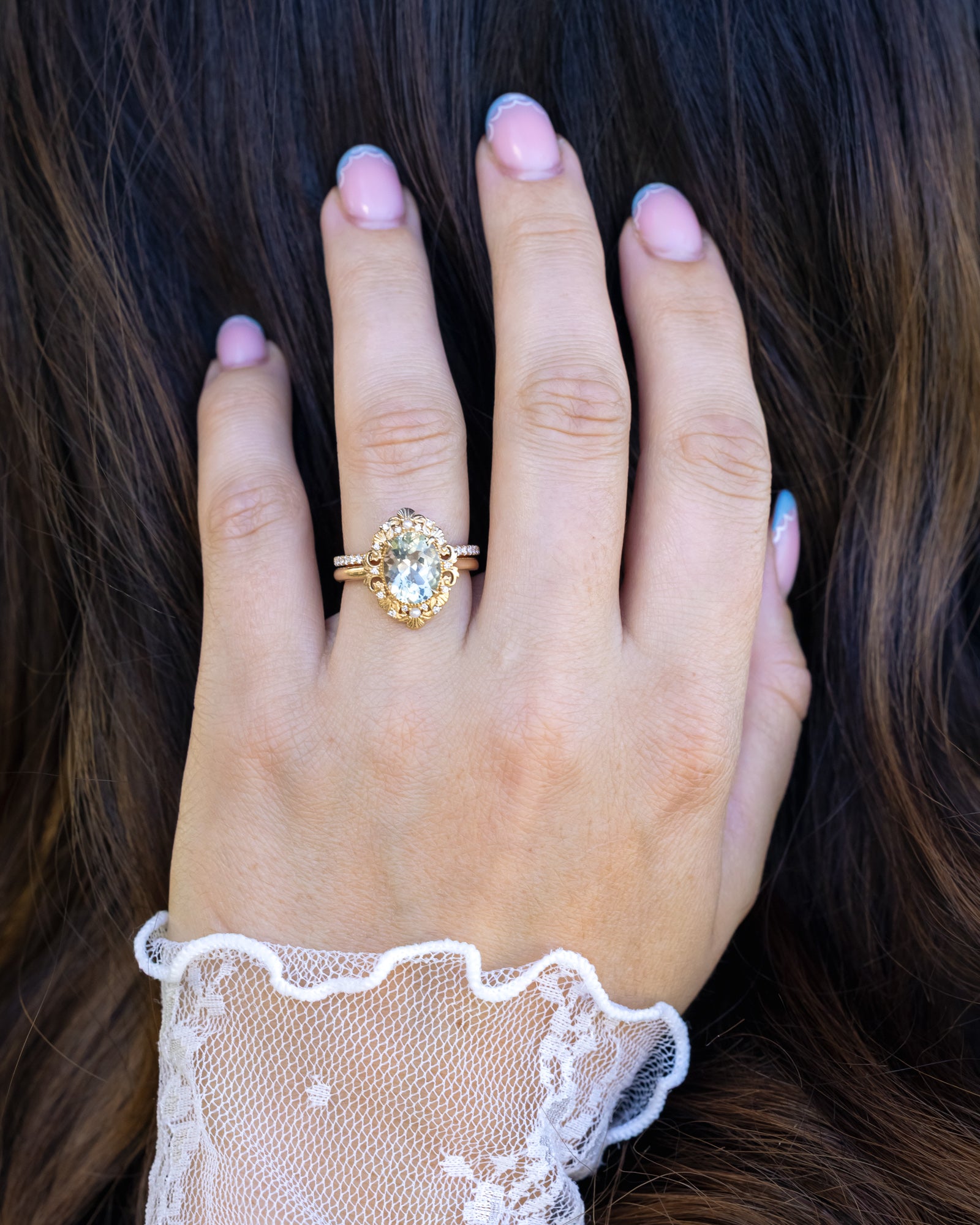 "MERROW" - OVAL CUT ENGAGEMENT RING WITH PEARL ACCENTS AND DIAMOND TRACER-Staghead Designs