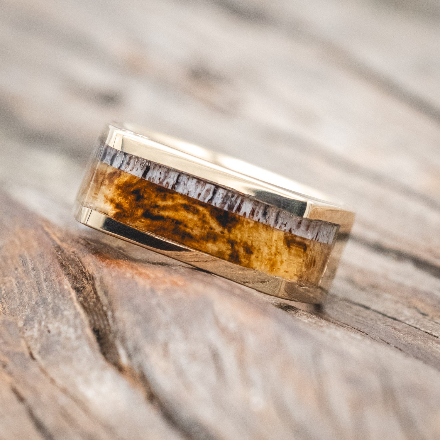 "MESA" - SPALTED MAPLE, ELK ANTLER & OFFSET DIAMONDS 14K GOLD WEDDING BAND-Staghead Designs