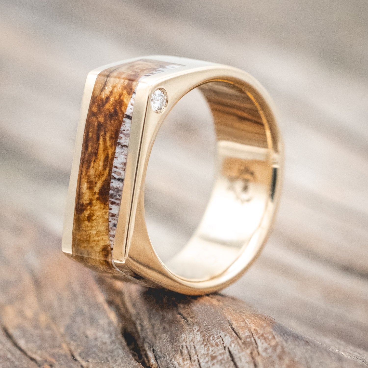 "MESA" - SPALTED MAPLE, ELK ANTLER & OFFSET DIAMONDS 14K GOLD WEDDING BAND-Staghead Designs
