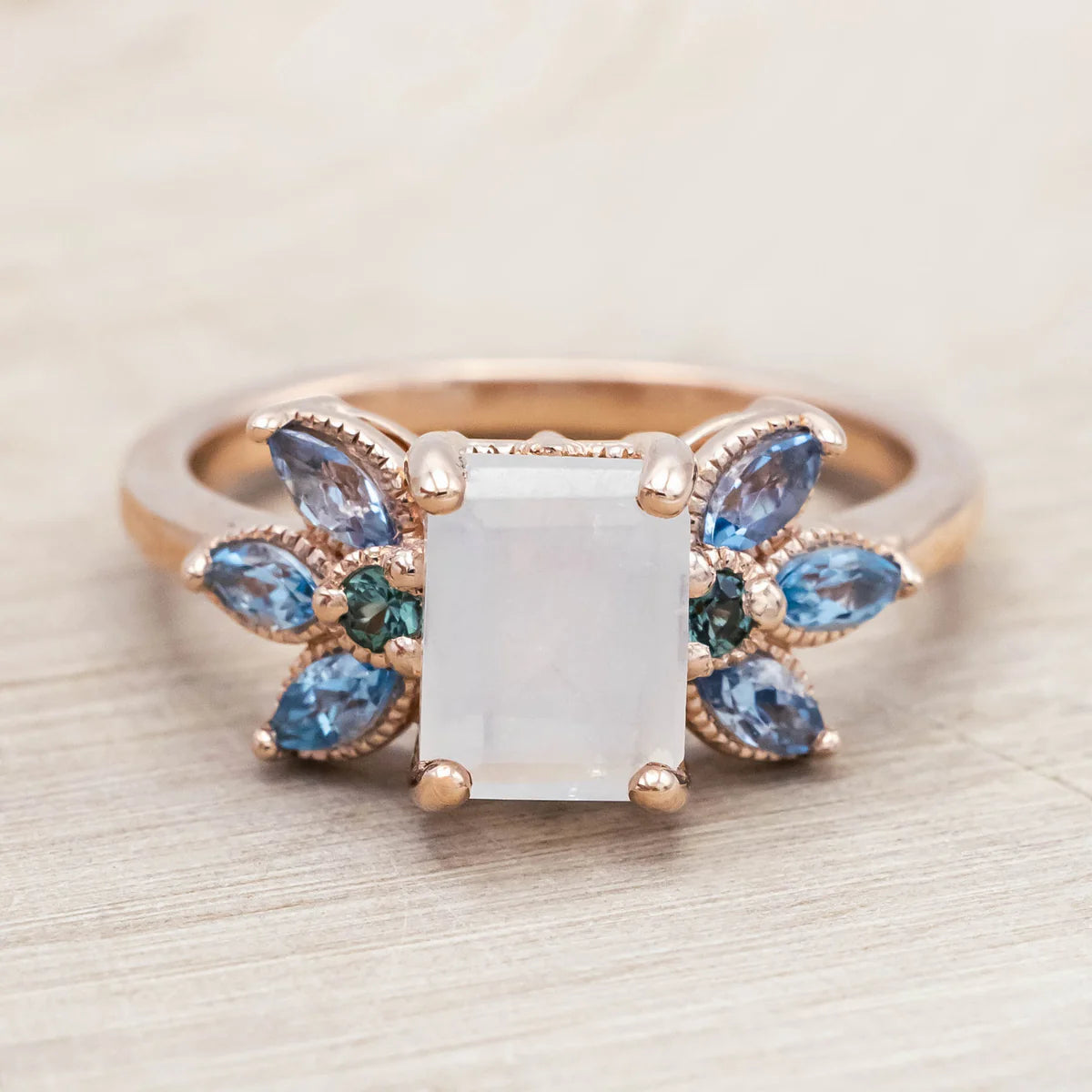 "Moonshadow" - Emerald Cut Moonstone Engagement Ring With Green Tourmaline & Aquamarine Accents - 14K Rose Gold - Size 7 1/4