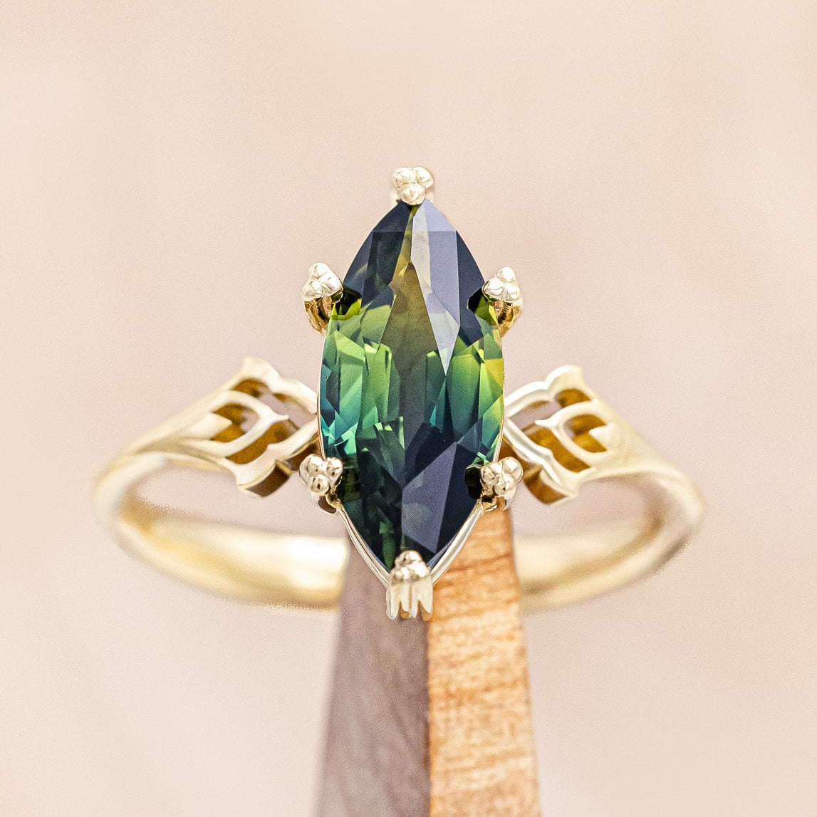 "Morrigan" - solitaire Australian sapphire women's engagement ring on an ornate 14K yellow gold band
