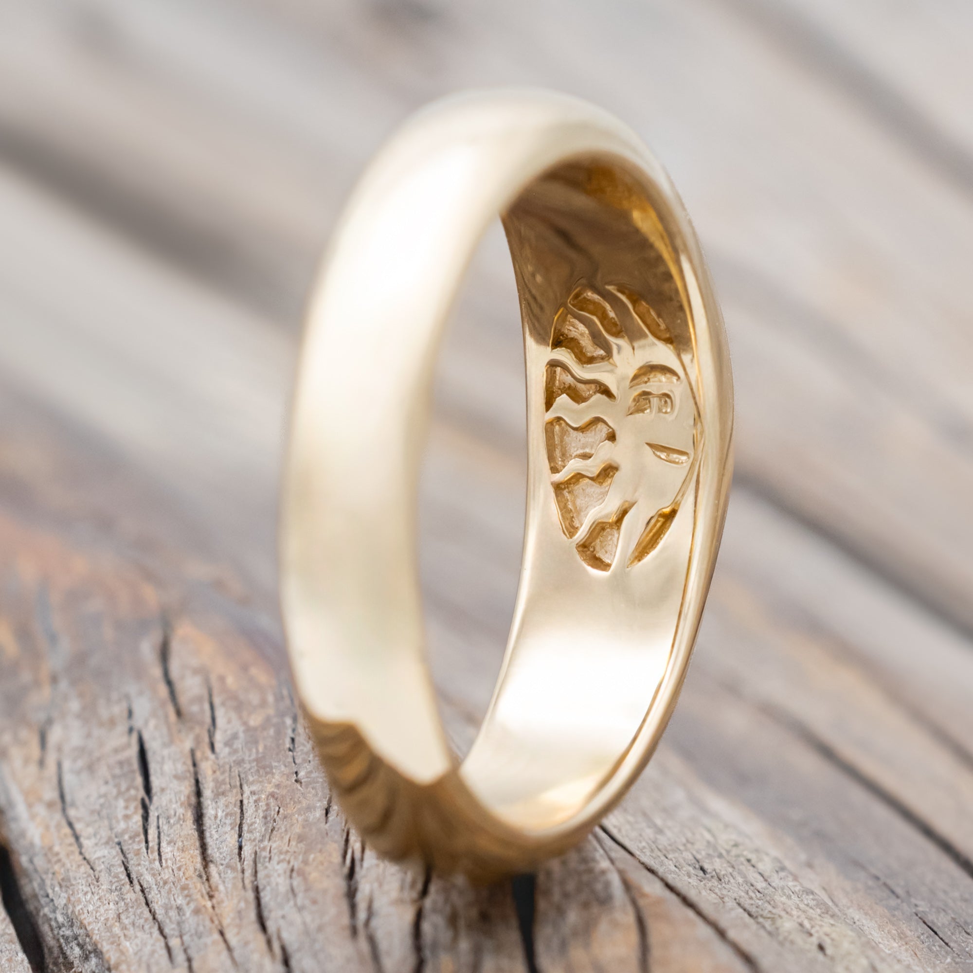"Luka" - Signet Engagement Ring Featuring Bezel Set Oval Cut Moss Agate & A Hidden Sun Design-Staghead Designs