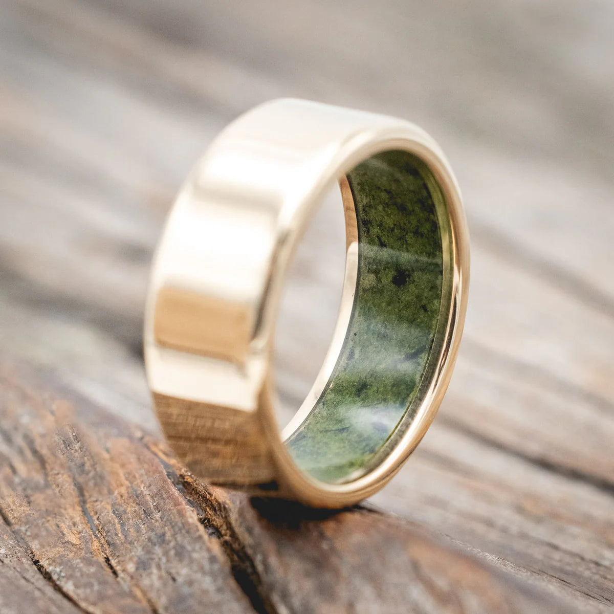 "Hyperion" - Crushed Moss Agate Lined Wedding Band - 14K Yellow Gold (8mm) - Size 11-Staghead Designs