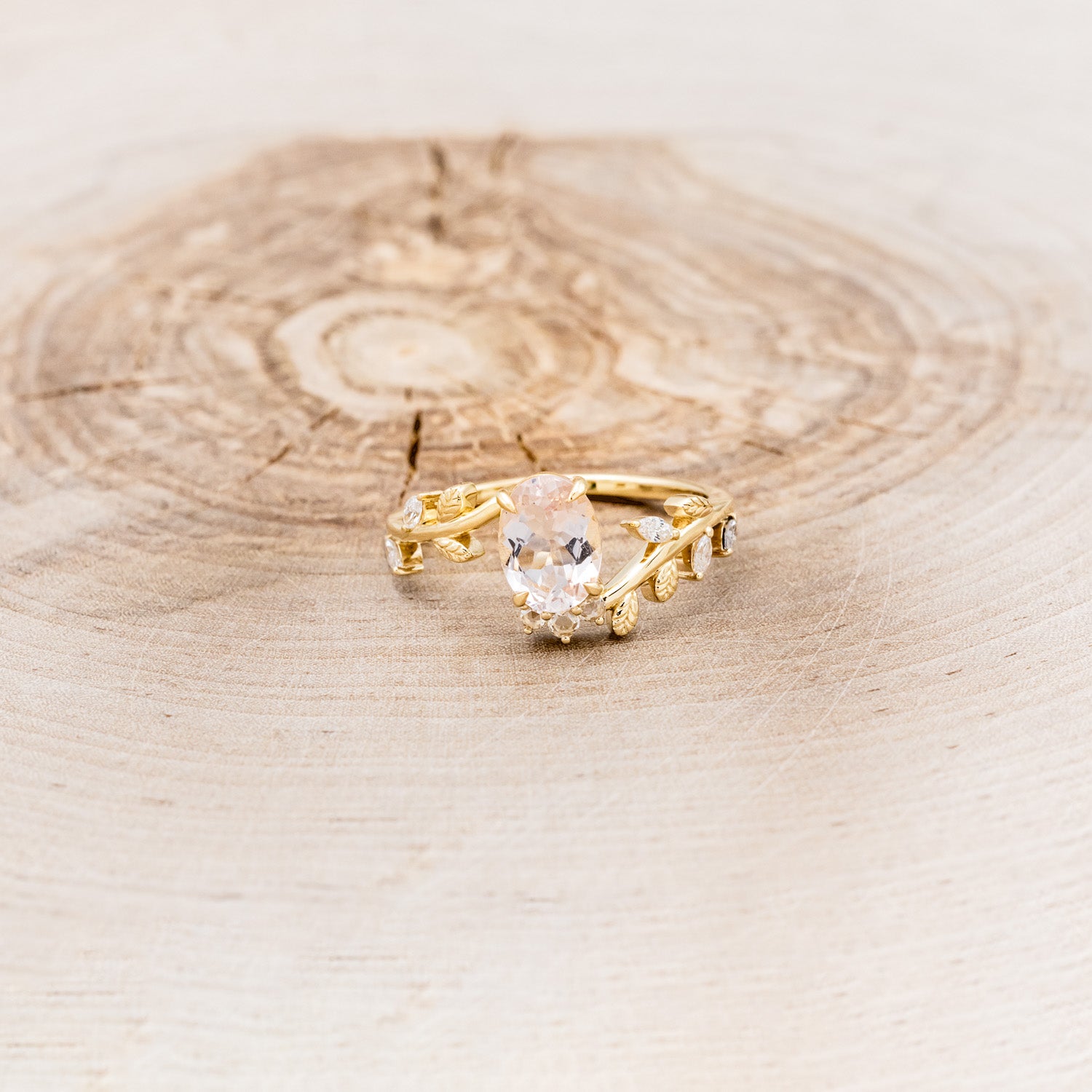 "CAELUM" - VINE STYLE OVAL MORGANITE ENGAGEMENT RING SET WITH LEAF & DIAMOND ACCENTS-10