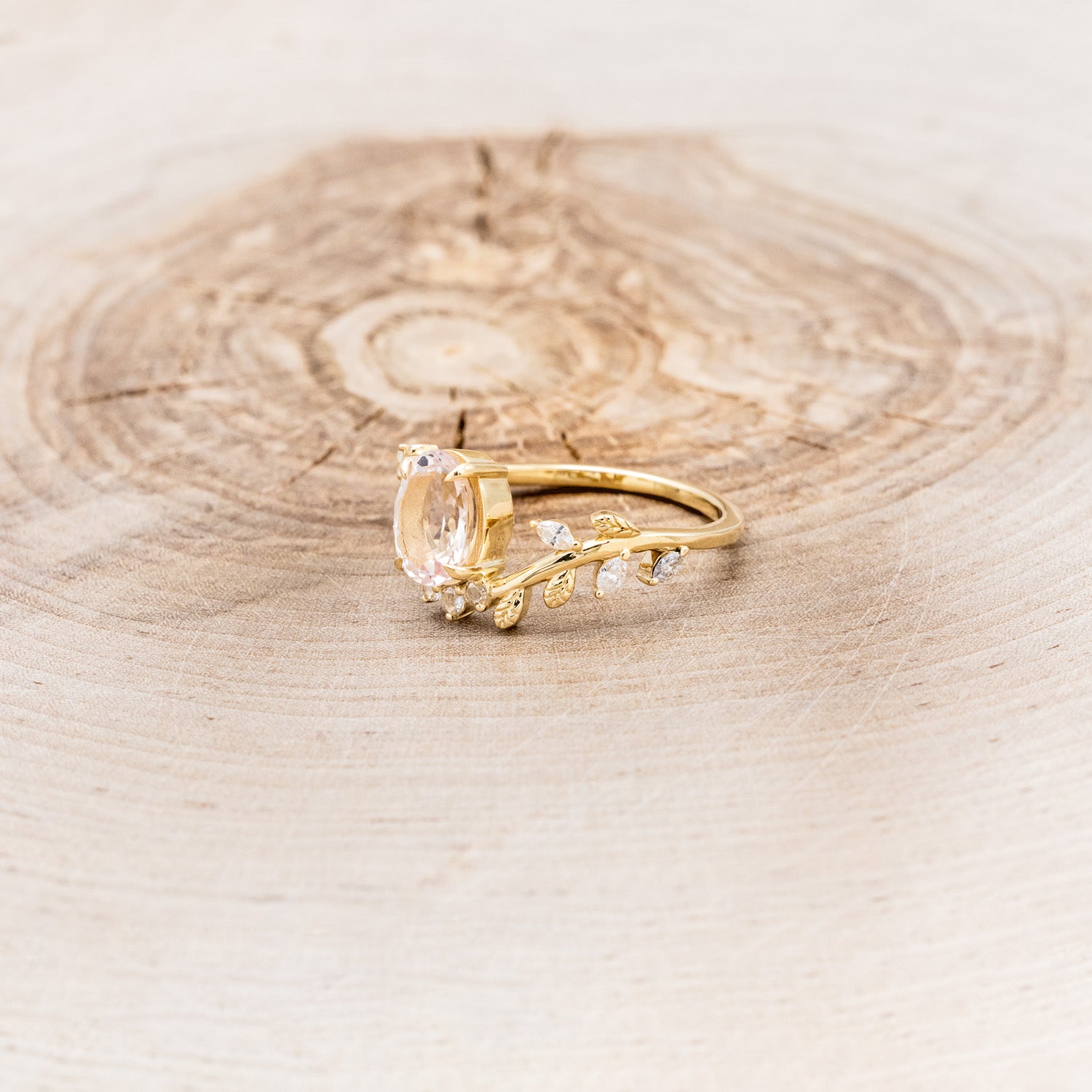 "CAELUM" - VINE STYLE OVAL MORGANITE ENGAGEMENT RING SET WITH LEAF & DIAMOND ACCENTS-9