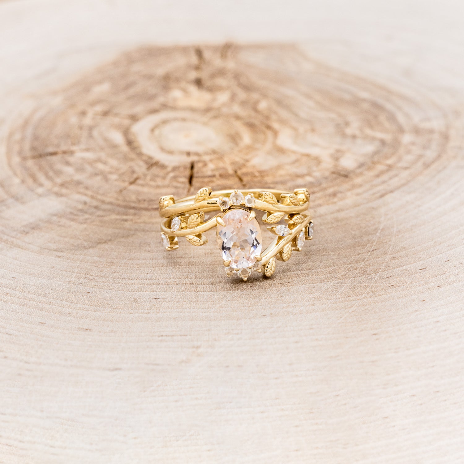 "CAELUM" - VINE STYLE OVAL MORGANITE ENGAGEMENT RING SET WITH LEAF & DIAMOND ACCENTS-4