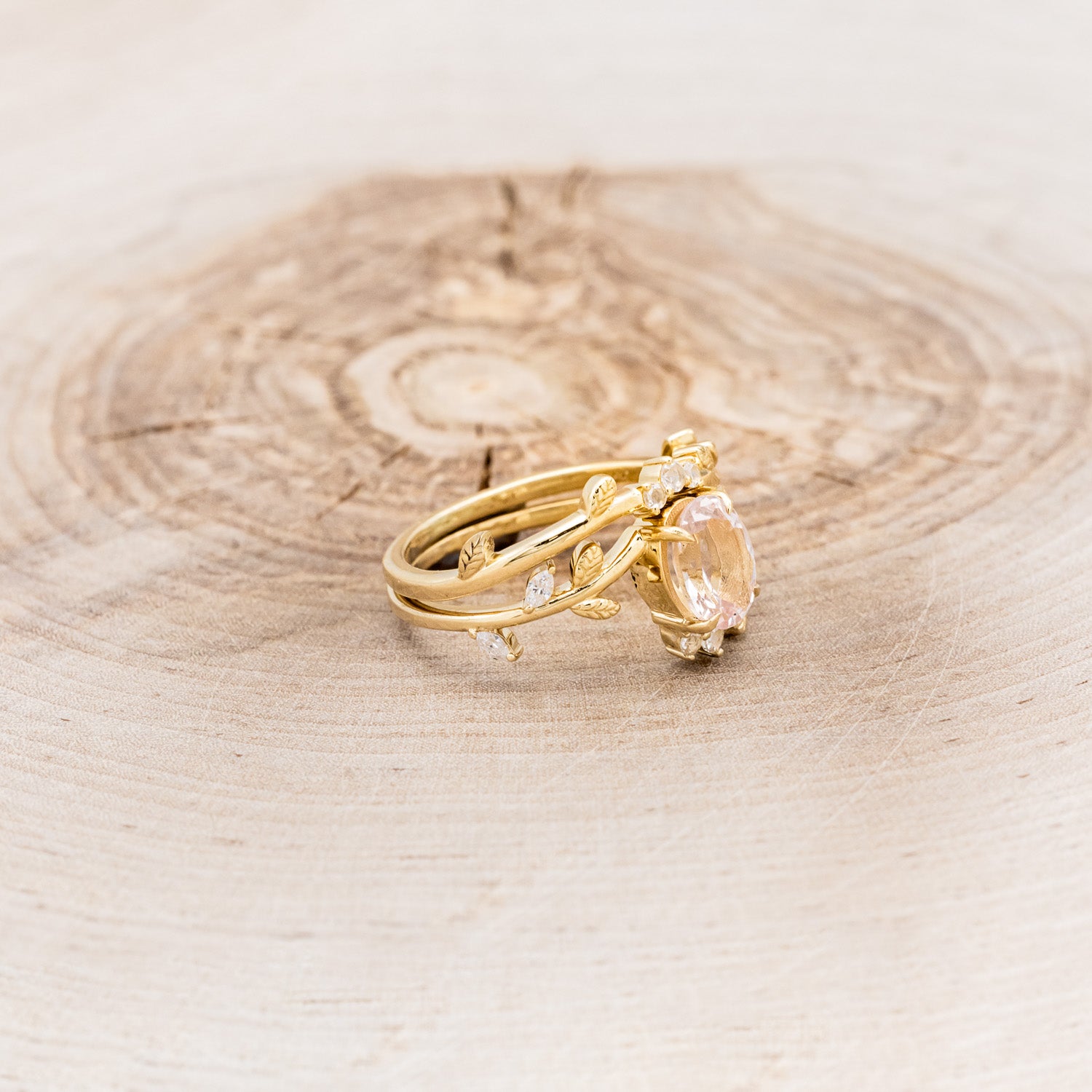 "CAELUM" - VINE STYLE OVAL MORGANITE ENGAGEMENT RING SET WITH LEAF & DIAMOND ACCENTS-2