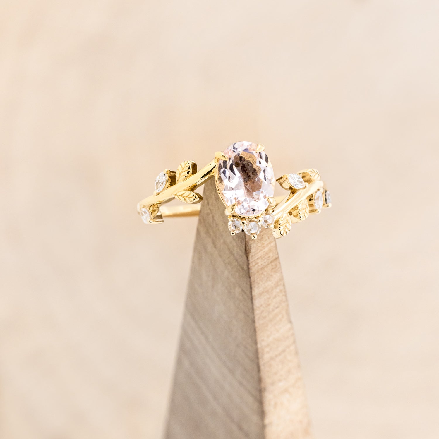 "CAELUM" - VINE STYLE OVAL MORGANITE ENGAGEMENT RING SET WITH LEAF & DIAMOND ACCENTS-7