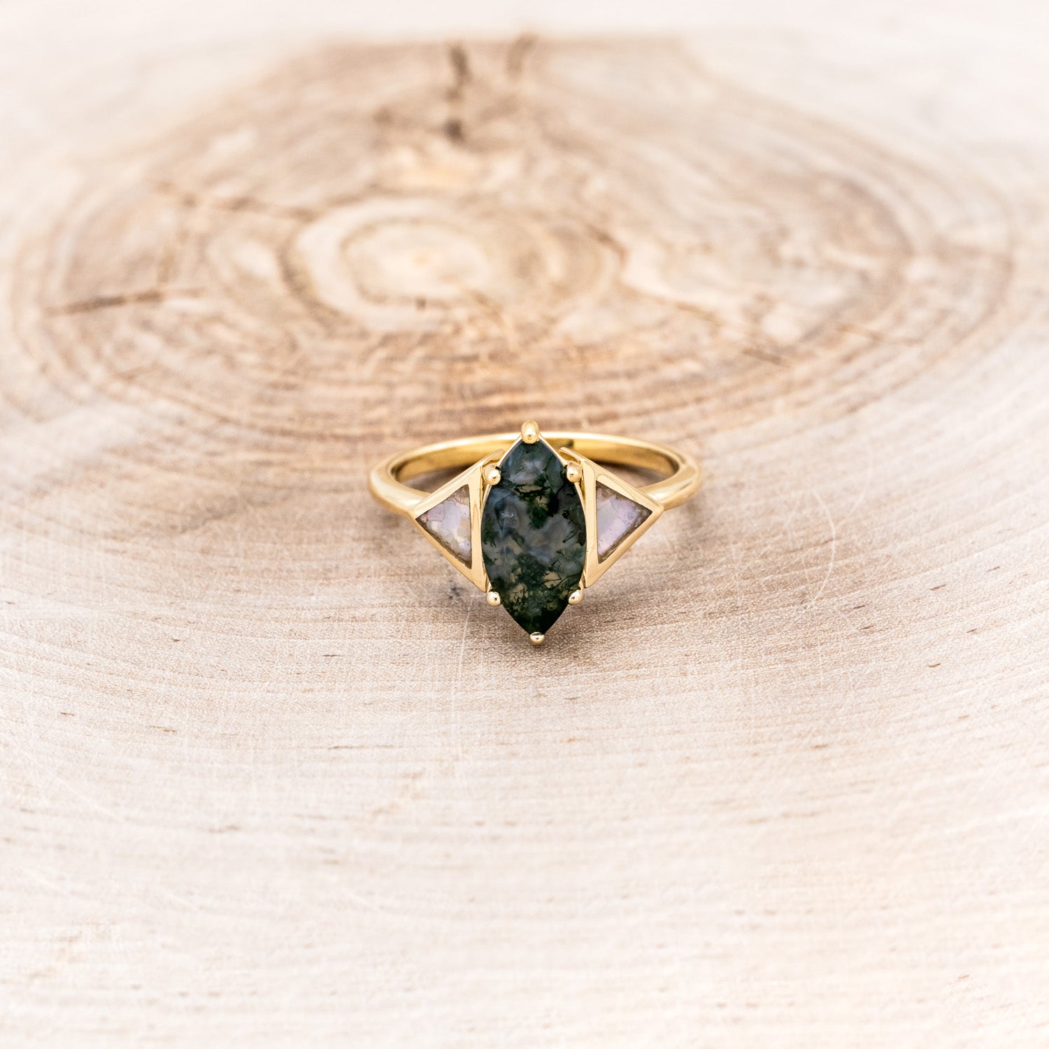 "NILE" - MARQUISE MOSS AGATE ENGAGEMENT RING WITH MOTHER OF PEARL INLAYS-4