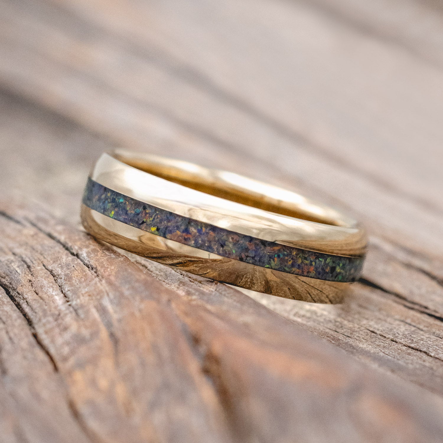 "NIRVANA" - DOMED WEDDING BAND WITH BLACK FIRE OPAL INLAY-Staghead Designs