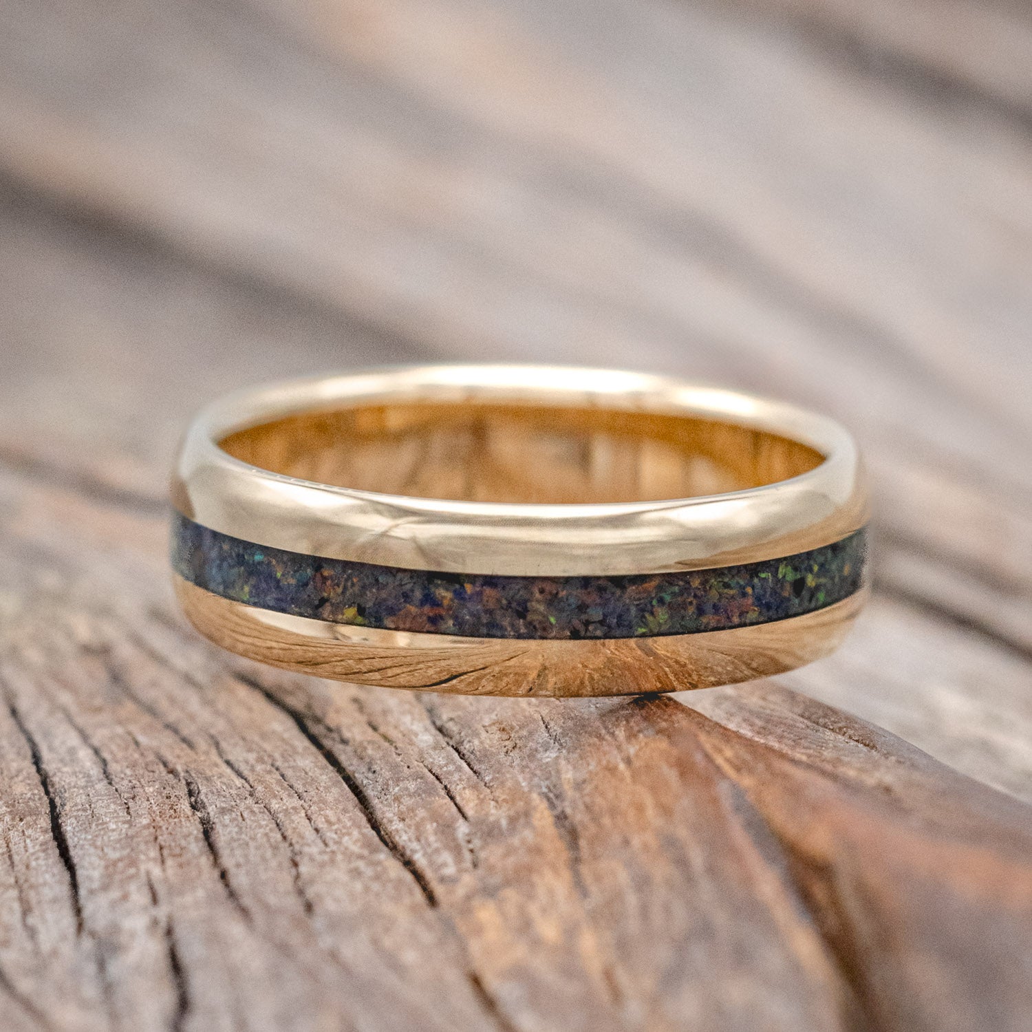 "NIRVANA" - DOMED WEDDING BAND WITH BLACK FIRE OPAL INLAY-Staghead Designs
