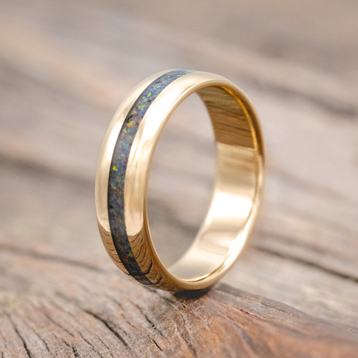 "NIRVANA" - DOMED WEDDING BAND WITH BLACK FIRE OPAL INLAY-Staghead Designs