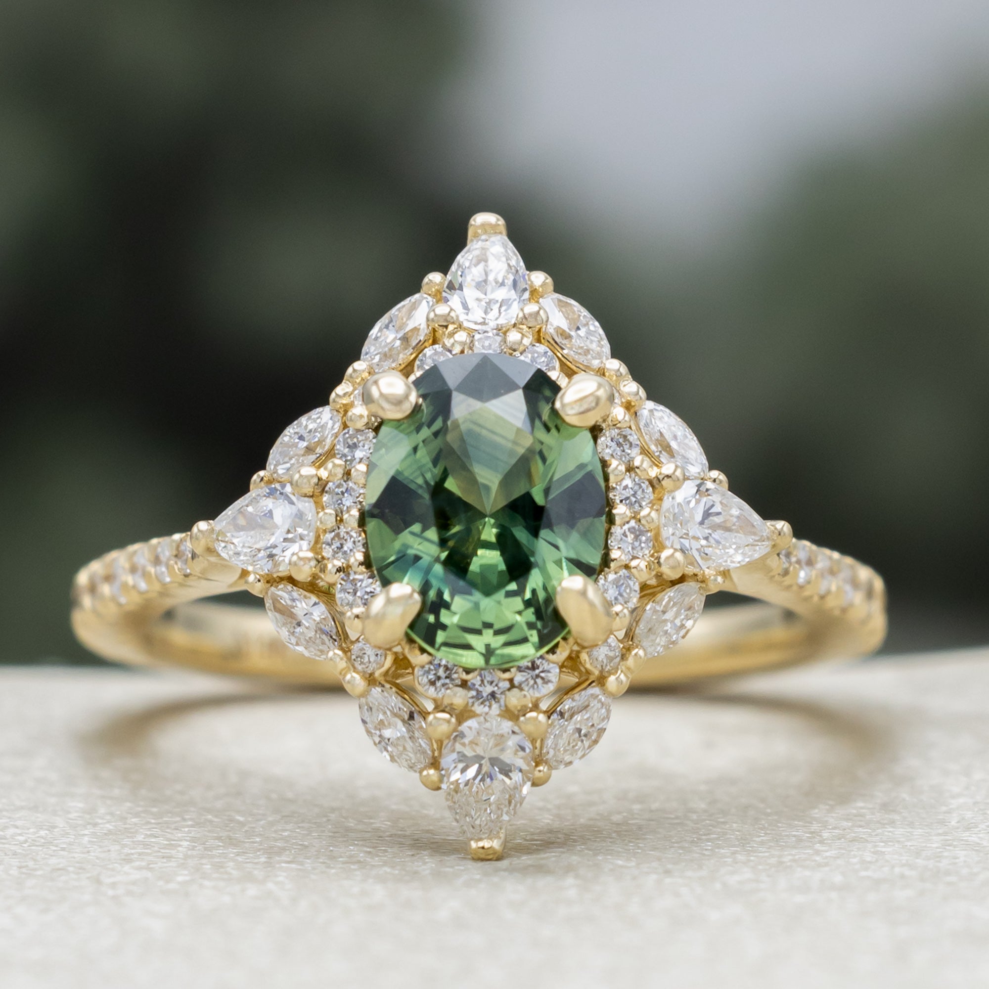 "North Star" - Oval Cut Montana Sapphire Engagement Ring With Diamond Halo & Accents-Staghead Designs