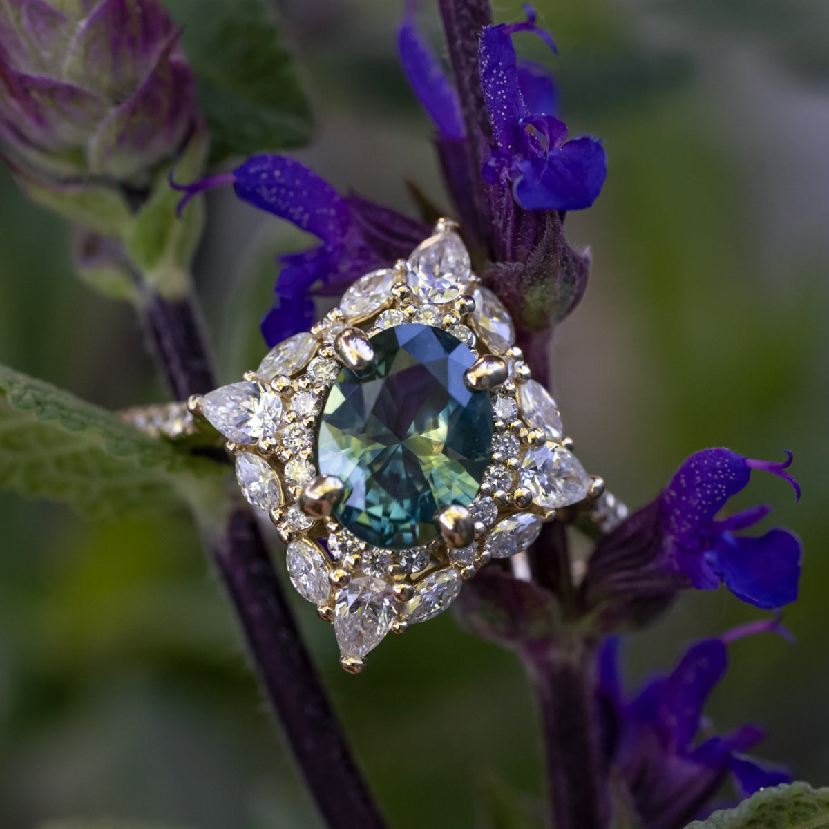 "North Star" - Oval Cut Montana Sapphire Engagement Ring With Diamond Halo & Accents-Staghead Designs