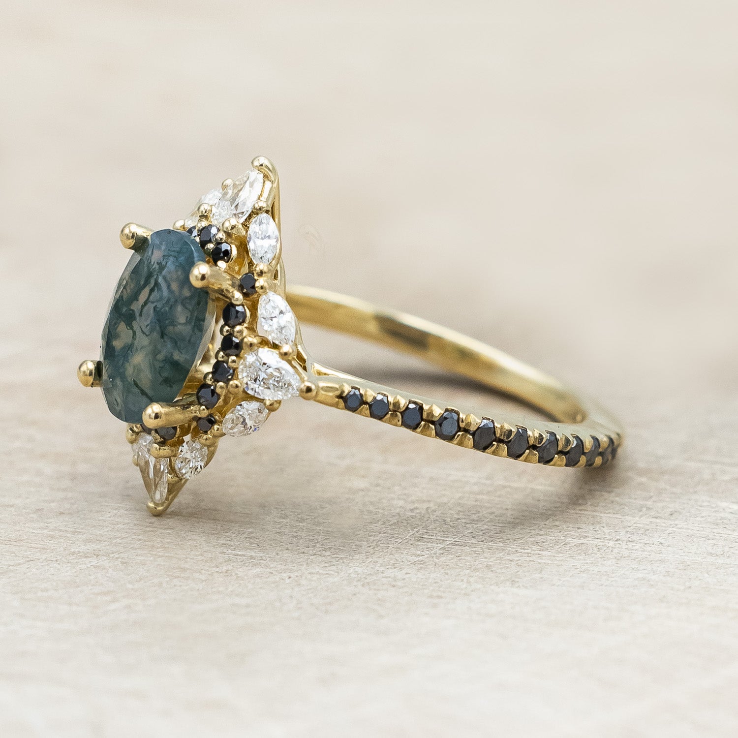 "North Star" - Oval Cut Moss Agate Engagement Ring With A Diamond Tracer-Staghead Designs