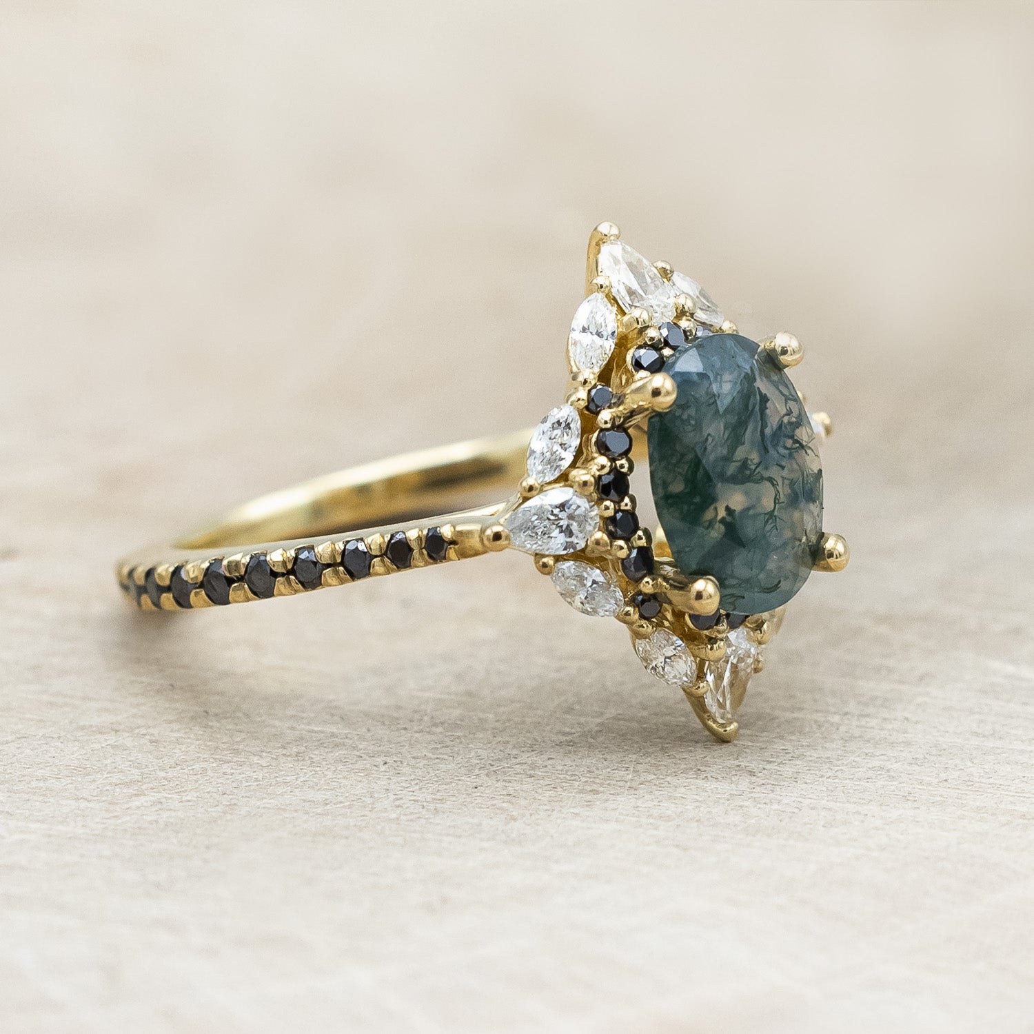 "North Star" - Oval Cut Moss Agate Engagement Ring With A Diamond Tracer-Staghead Designs