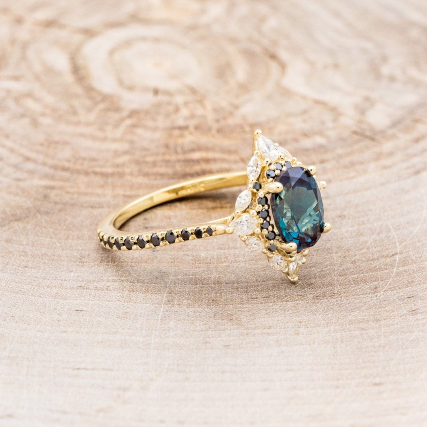 "NORTH STAR" - OVAL LAB-GROWN ALEXANDRITE ENGAGEMENT RING WITH DIAMOND HALO & BLACK DIAMOND ACCENTS-14