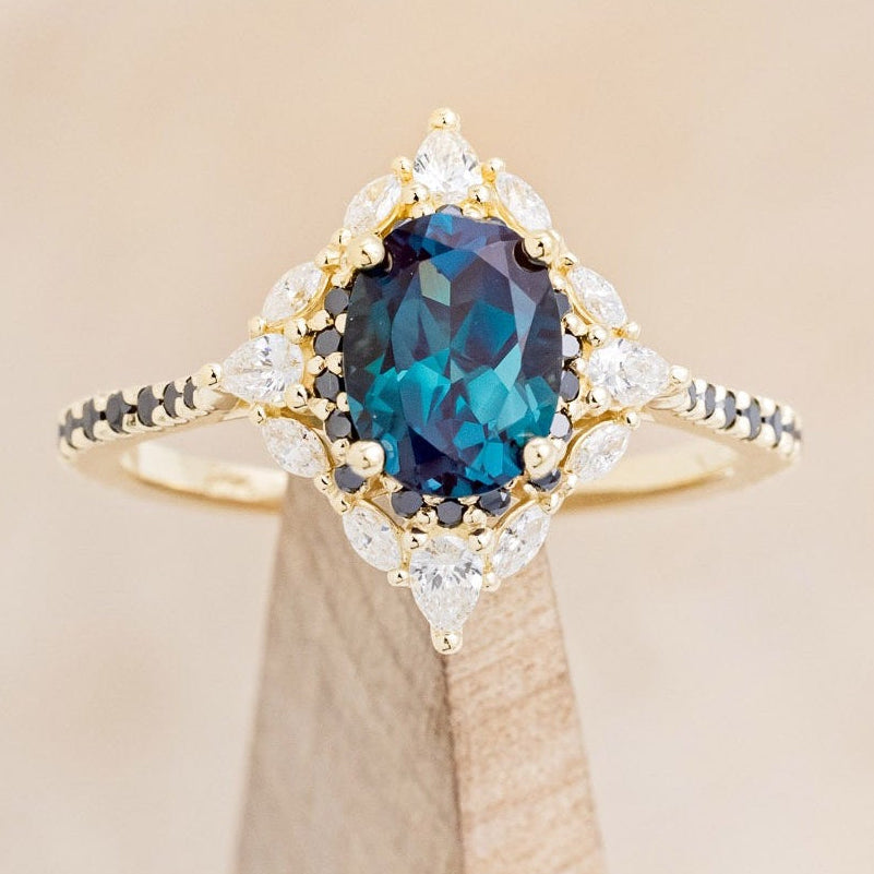 "NORTH STAR" - OVAL LAB-GROWN ALEXANDRITE ENGAGEMENT RING WITH DIAMOND HALO & BLACK DIAMOND ACCENTS-13