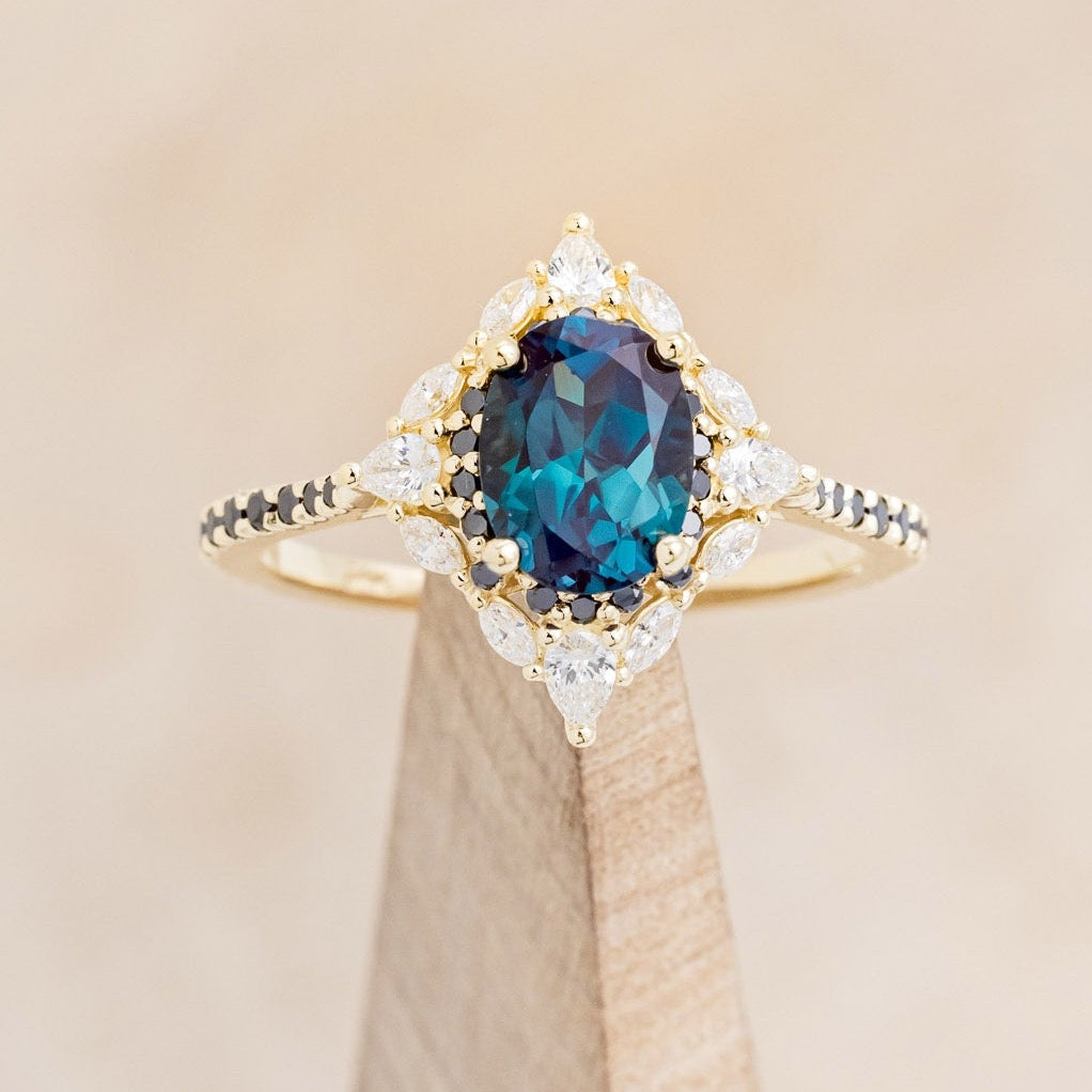 "NORTH STAR" - OVAL LAB-GROWN ALEXANDRITE ENGAGEMENT RING WITH DIAMOND HALO & BLACK DIAMOND ACCENTS-13