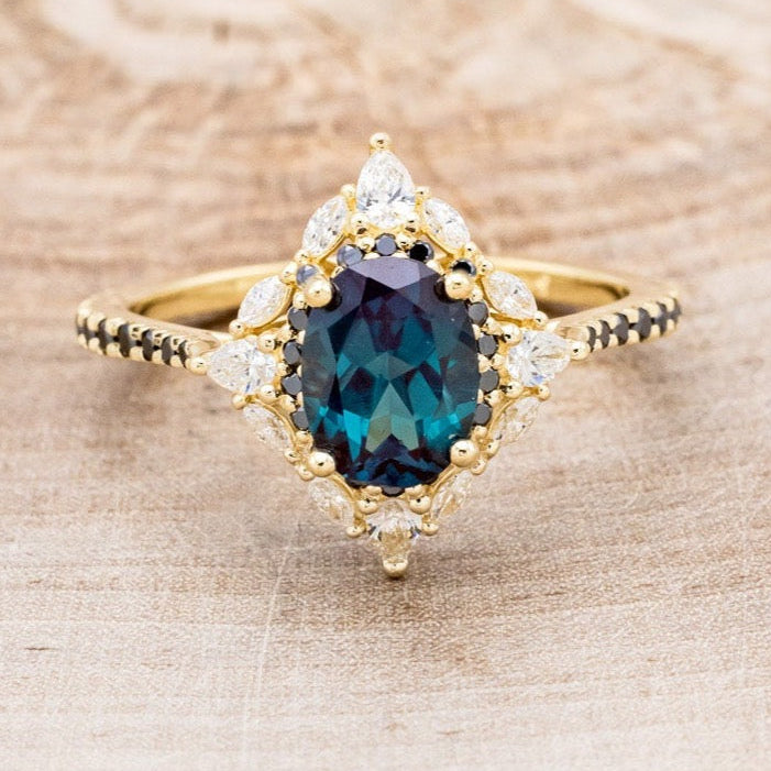"NORTH STAR" - OVAL LAB-GROWN ALEXANDRITE ENGAGEMENT RING WITH DIAMOND HALO & BLACK DIAMOND ACCENTS-16