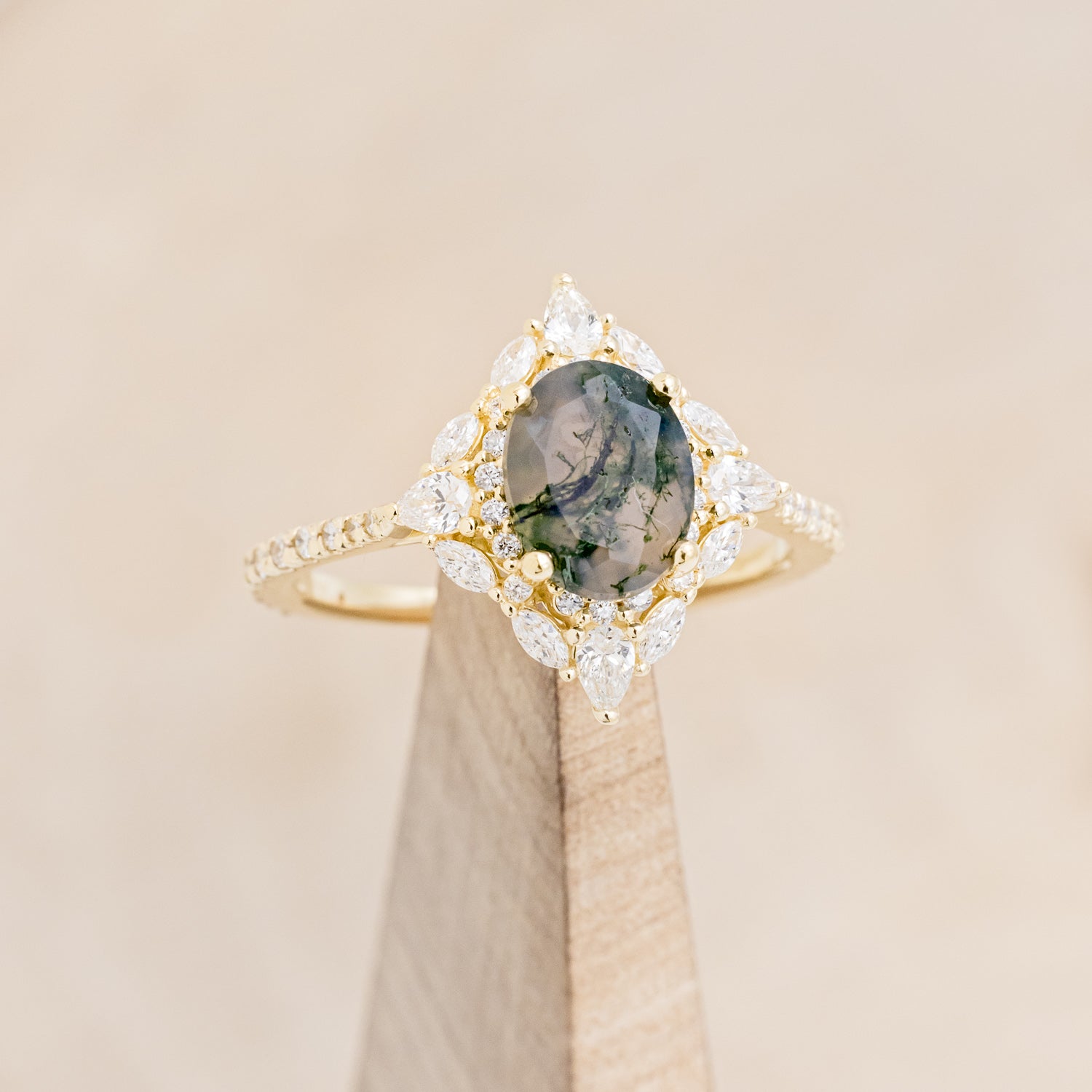 "NORTH STAR" - OVAL MOSS AGATE ENGAGEMENT RING WITH DIAMOND HALO, DIAMOND ACCENTS, & A DIAMOND TRACER-19
