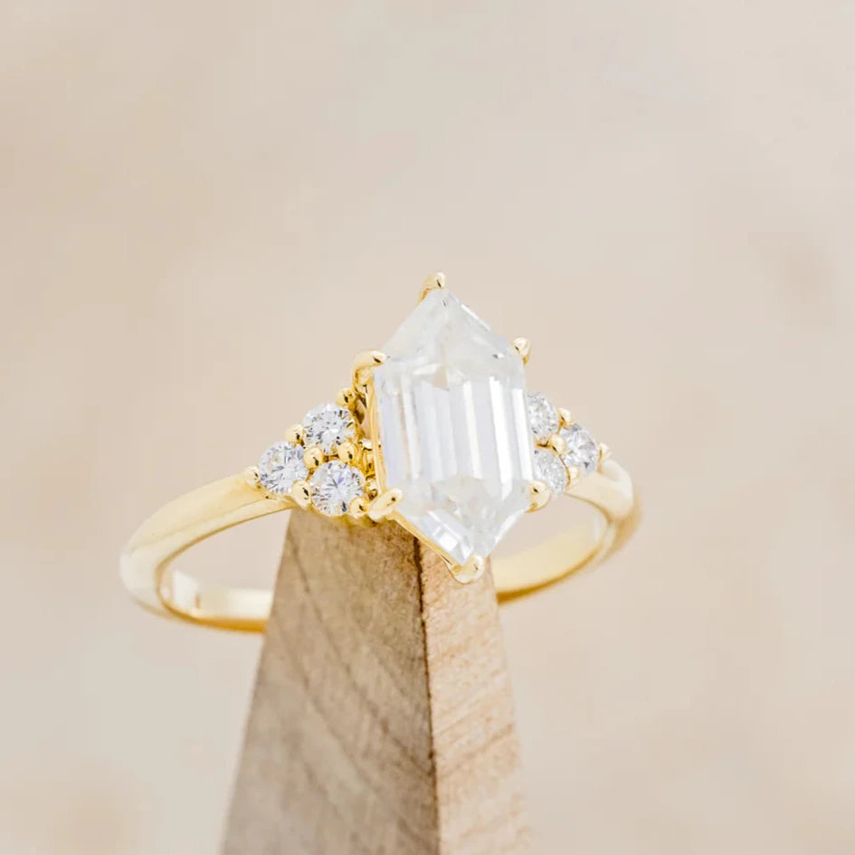 "OCTAVIA" - ELONGATED HEXAGON CUT ENGAGEMENT RING WITH DIAMOND ACCENTS-Staghead Designs