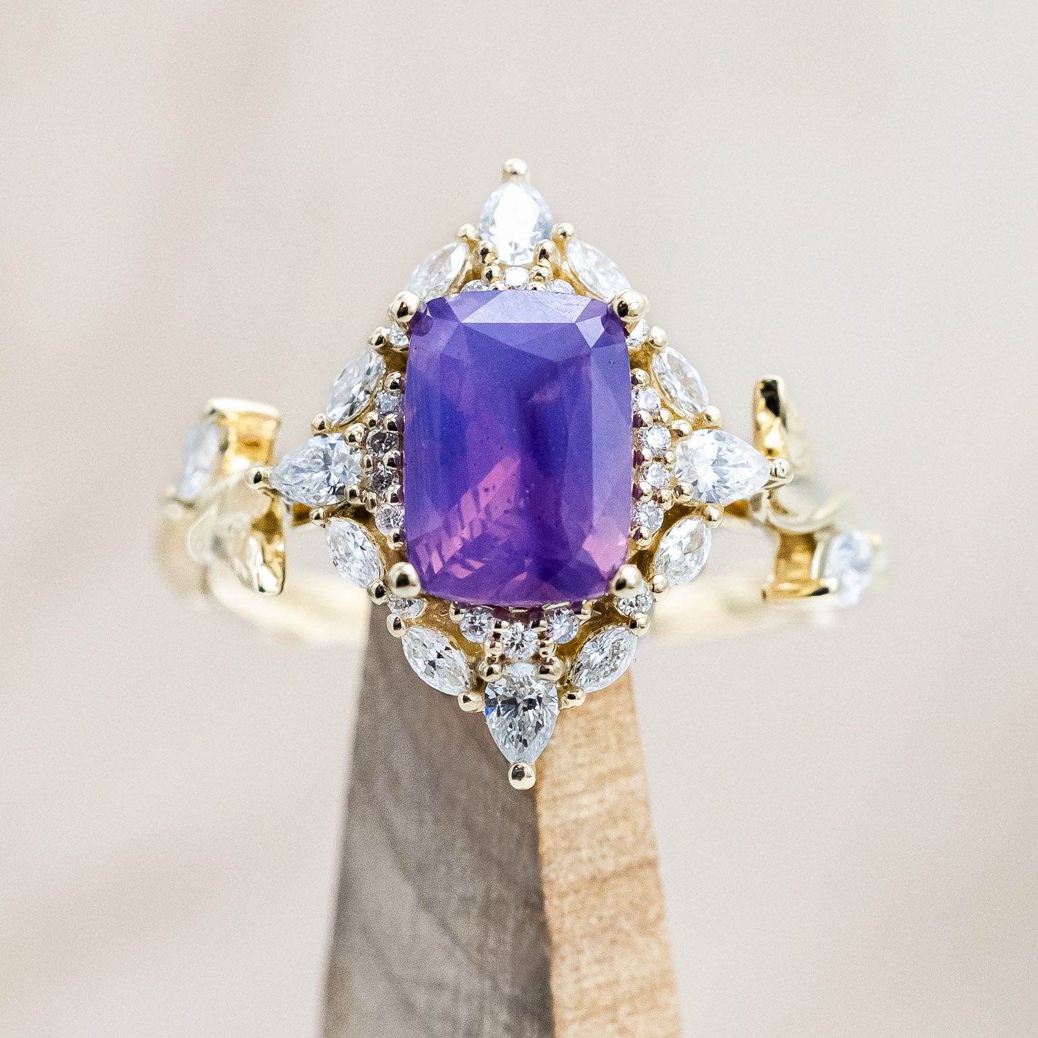 "Polaris" - women's engagement ring with a Sri Lanka opalescent sapphire, diamond halo & accents on a 14K yellow gold band.