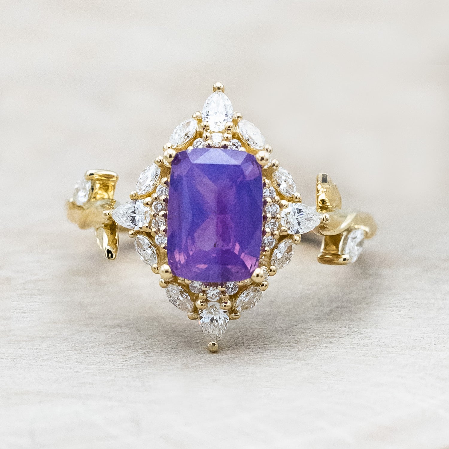 "Polaris" - women's engagement ring with a Sri Lanka opalescent sapphire, diamond halo & accents on a 14K yellow gold band.