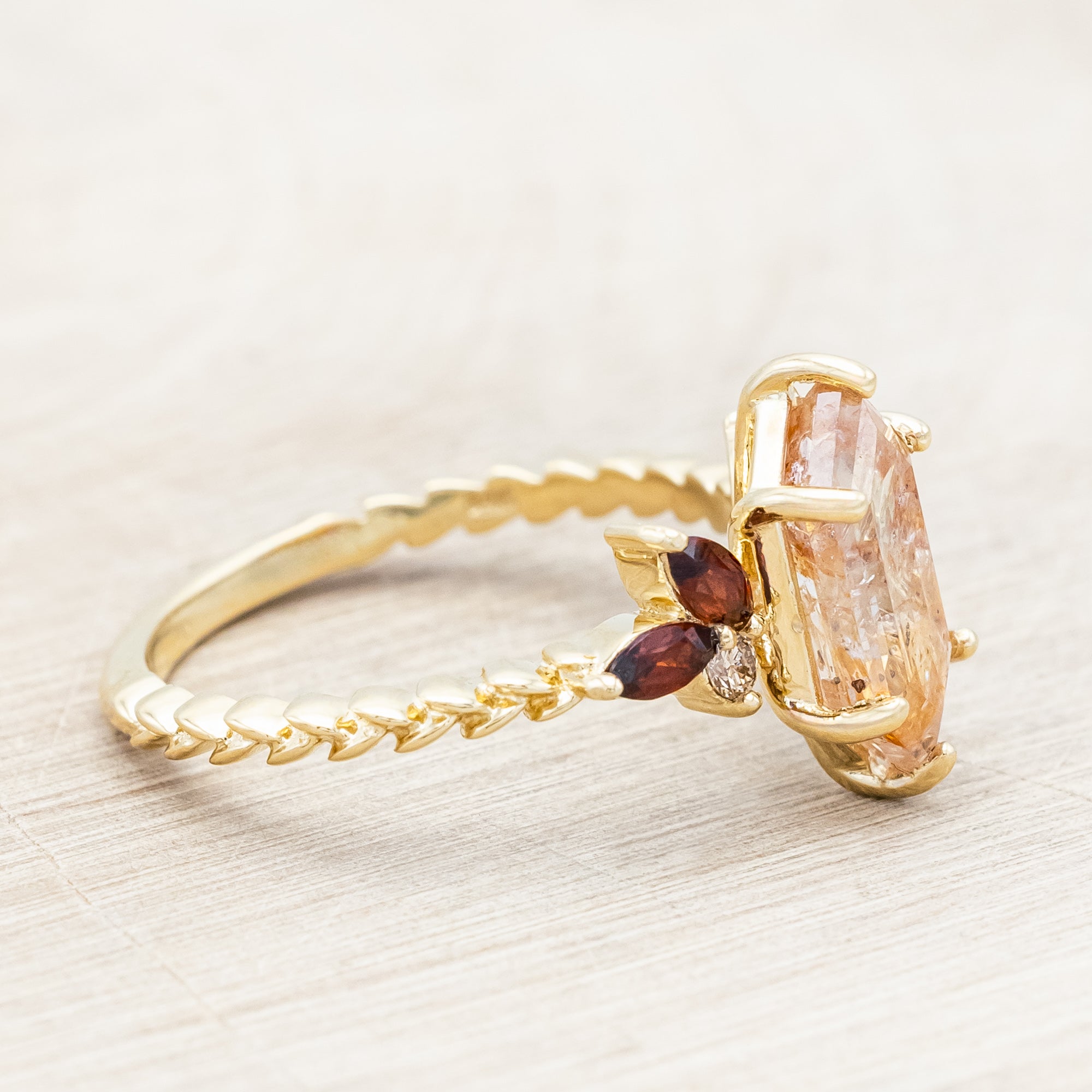 Gold ring featuring salt & pepper diamond with garnet and champagne diamond accents on a neutral background