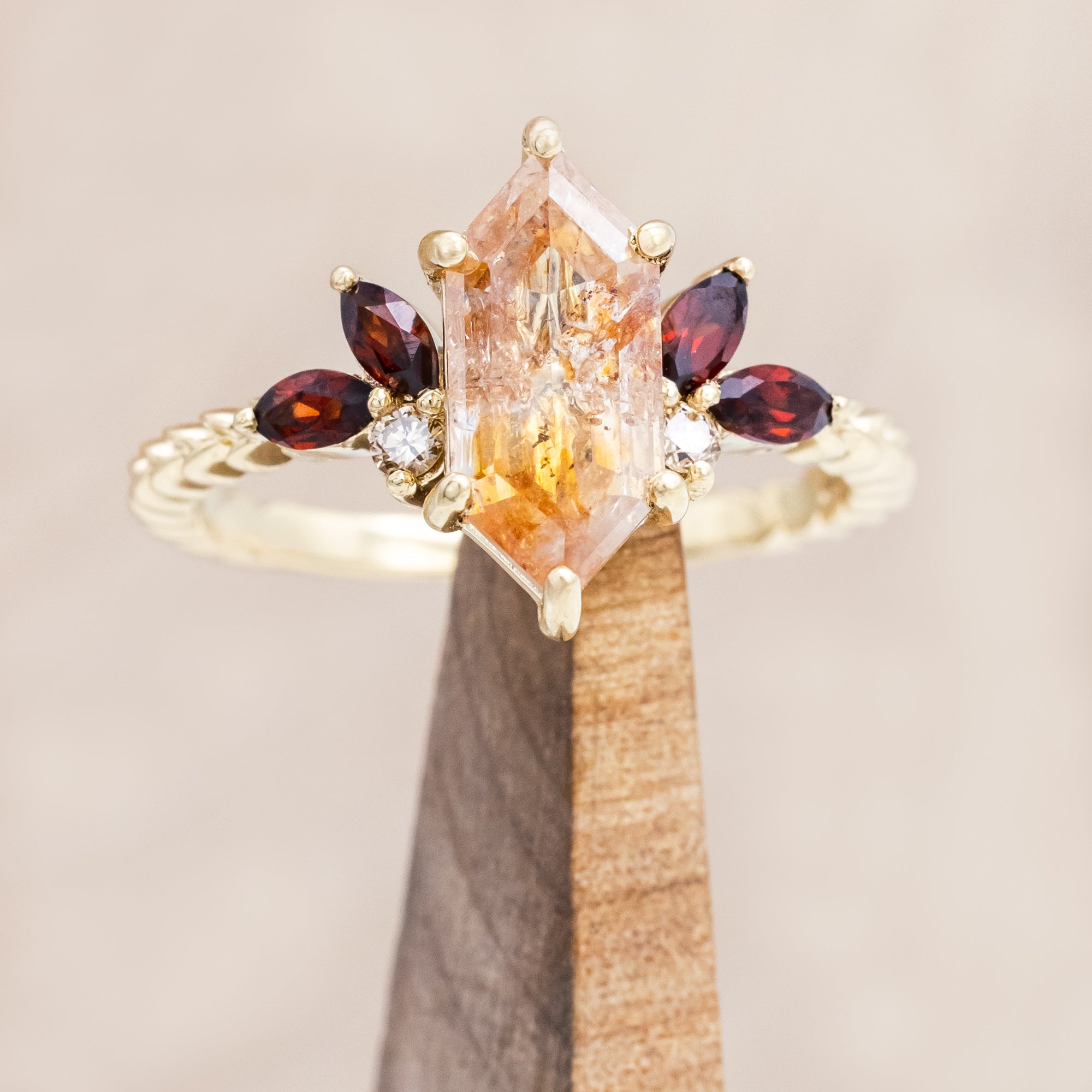 Gold ring featuring salt & pepper diamond with garnet and champagne diamond accents on a neutral background
