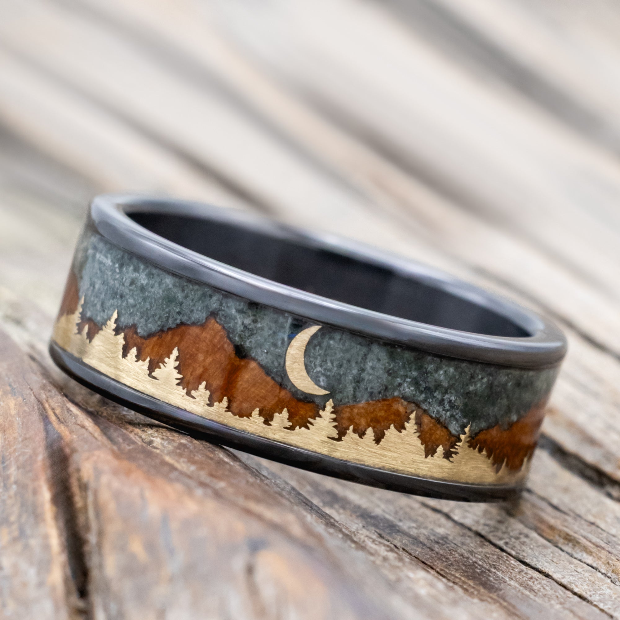 "Orion" - Moss Agate & Redwood Mountain Range Wedding Band With 14K Gold Tree & Crescent Moon Accents-Staghead Designs
