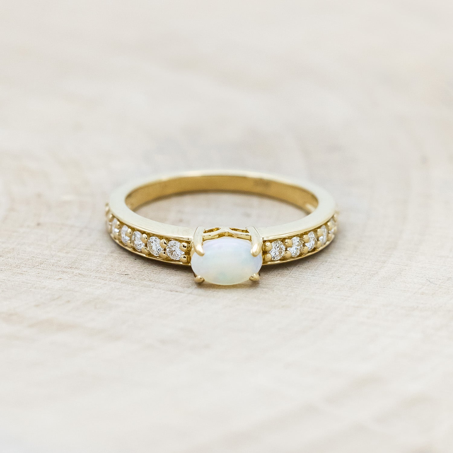 OVAL WHITE OPAL ENGAGEMENT RING WITH DIAMOND ACCENTS-Staghead Designs