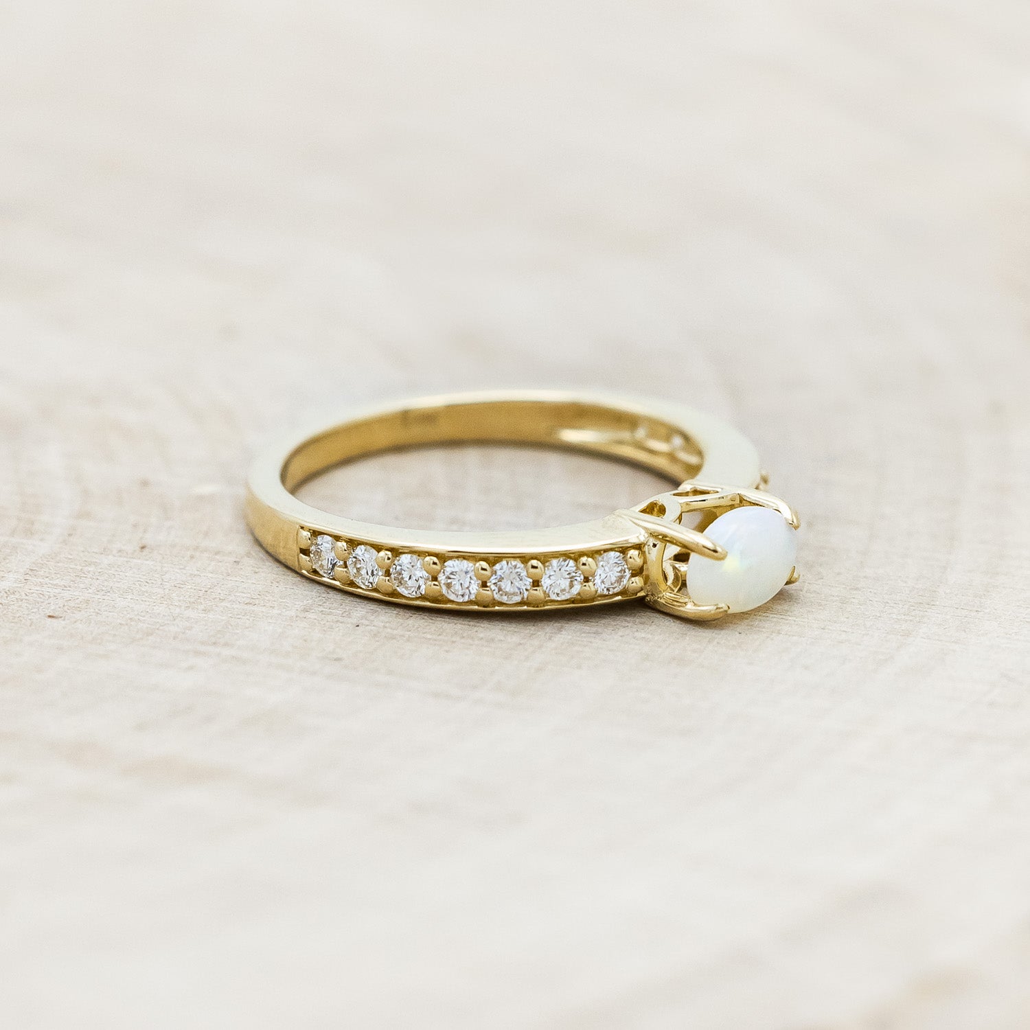 OVAL WHITE OPAL ENGAGEMENT RING WITH DIAMOND ACCENTS-Staghead Designs