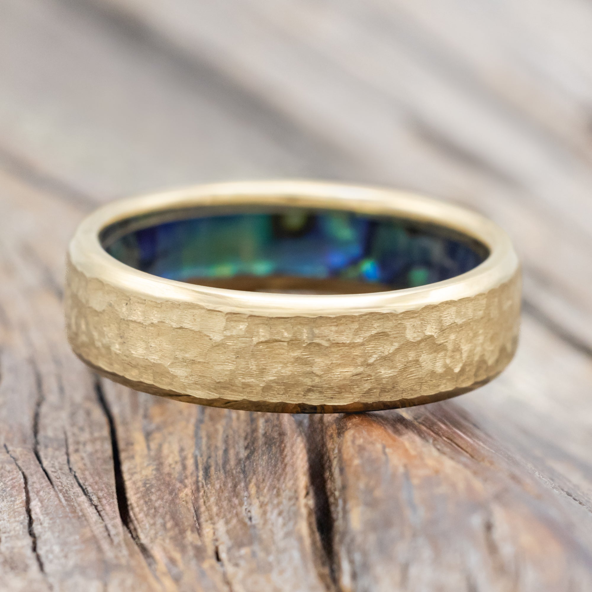 "Hyperion" - Paua Shell Lined Wedding Ring Featuring A Hammered Finish-Staghead Designs