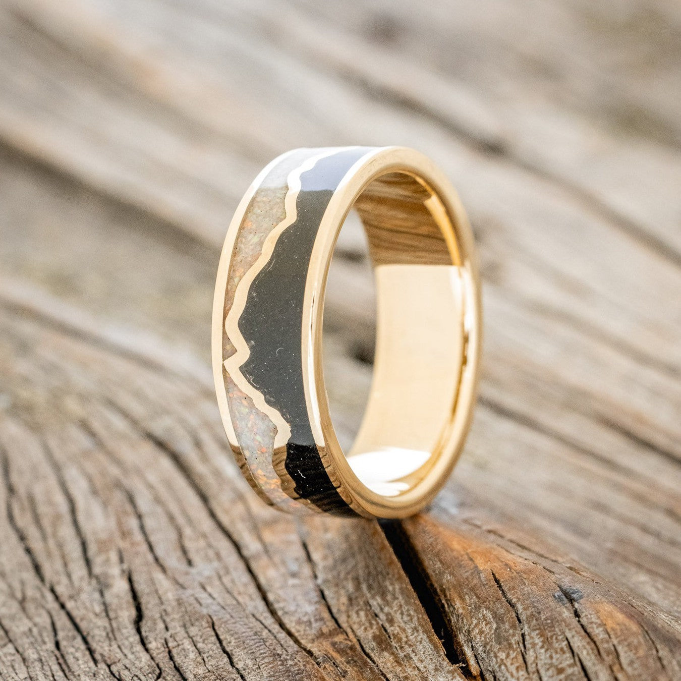 "PEAK" - WHITE OPAL & JET STONE INLAY WITH MOUNTAIN RANGE WEDDING BAND-2