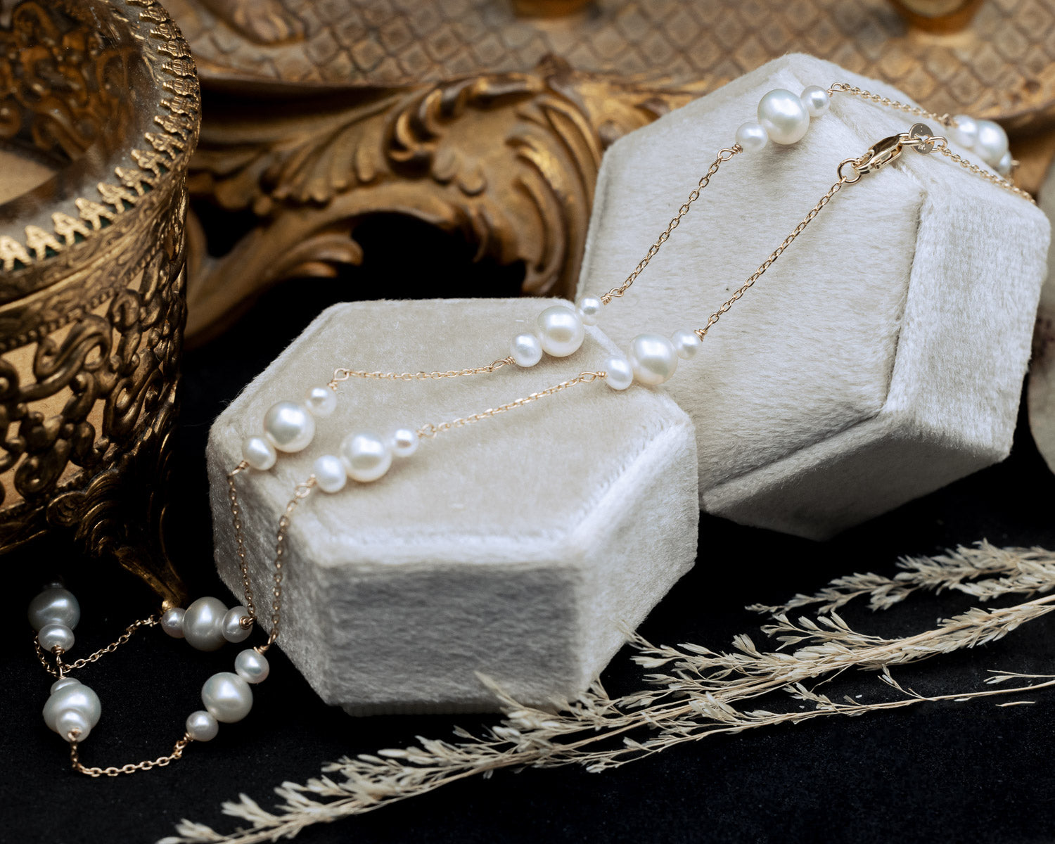 14K GOLD NECKLACE WITH CULTURED WHITE FRESHWATER PEARLS-Staghead Designs