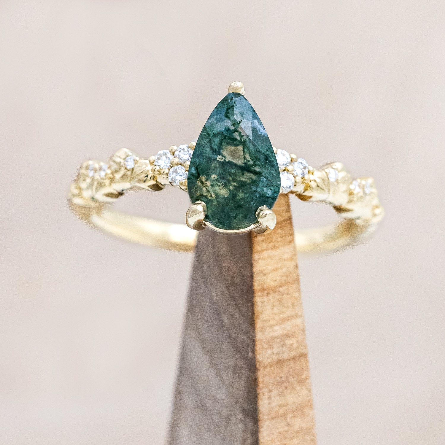 "Lynette" - pear cut moss agate women's engagement ring with diamond accents on leaf band
