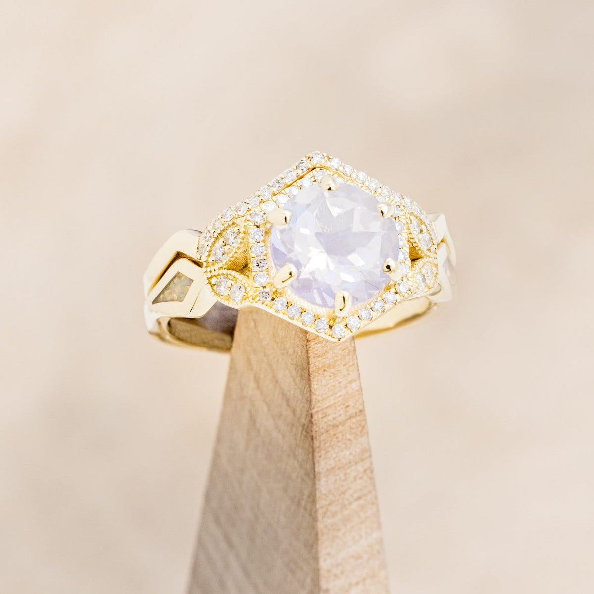 "LUCY IN THE SKY" - ROUND CUT ENGAGEMENT RING WITH DIAMOND ACCENTS & FIRE AND ICE OPAL INLAYS-5
