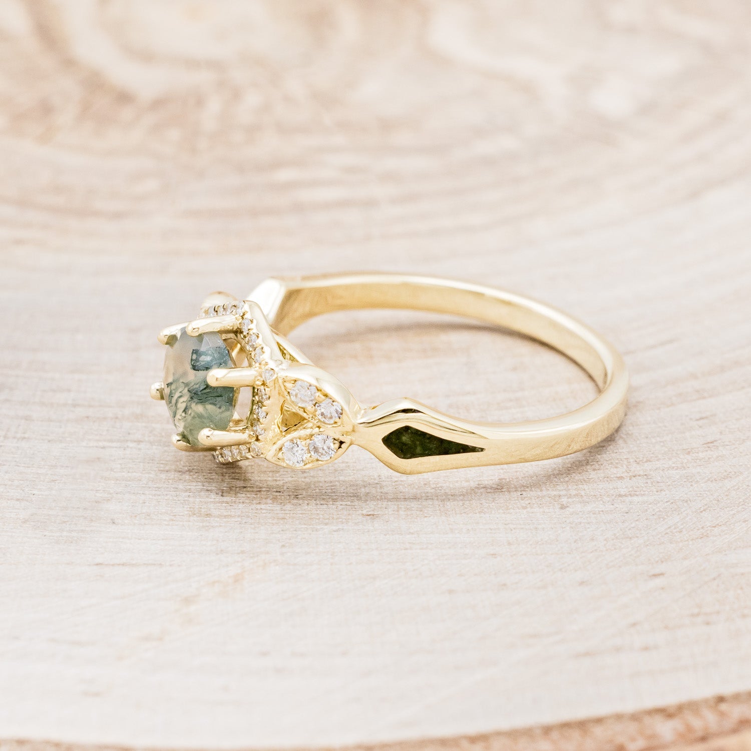 "LUCY IN THE SKY" PETITE - ROUND MOSS AGATE ENGAGEMENT RING WITH DIAMOND HALO & MOSS INLAYS - READY TO SHIP-Staghead Designs