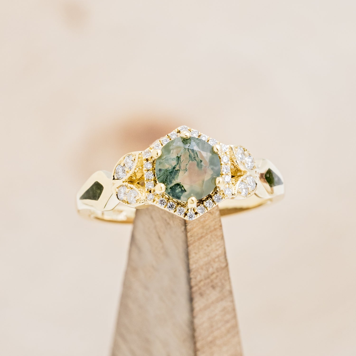 "LUCY IN THE SKY" PETITE - ROUND MOSS AGATE ENGAGEMENT RING WITH DIAMOND HALO & MOSS INLAYS - READY TO SHIP-Staghead Designs