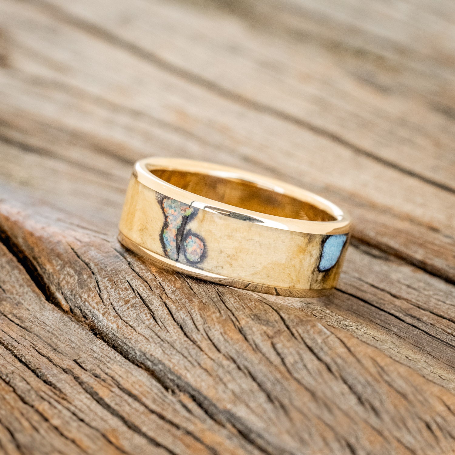 "RAINIER" - BUCKEYE BURL WOOD, OPAL & TURQUOISE WEDDING BAND-11