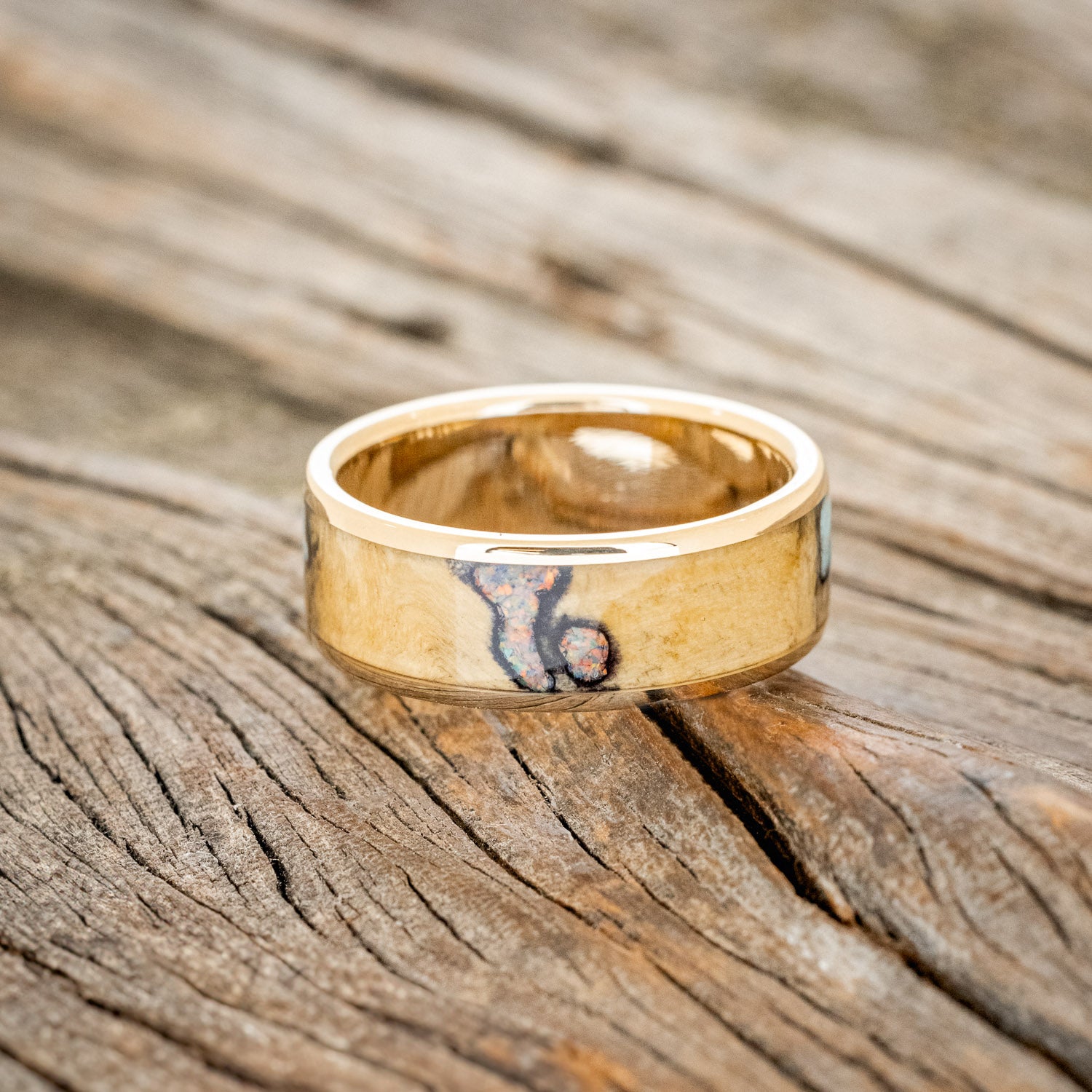 "RAINIER" - BUCKEYE BURL WOOD, OPAL & TURQUOISE WEDDING BAND-12