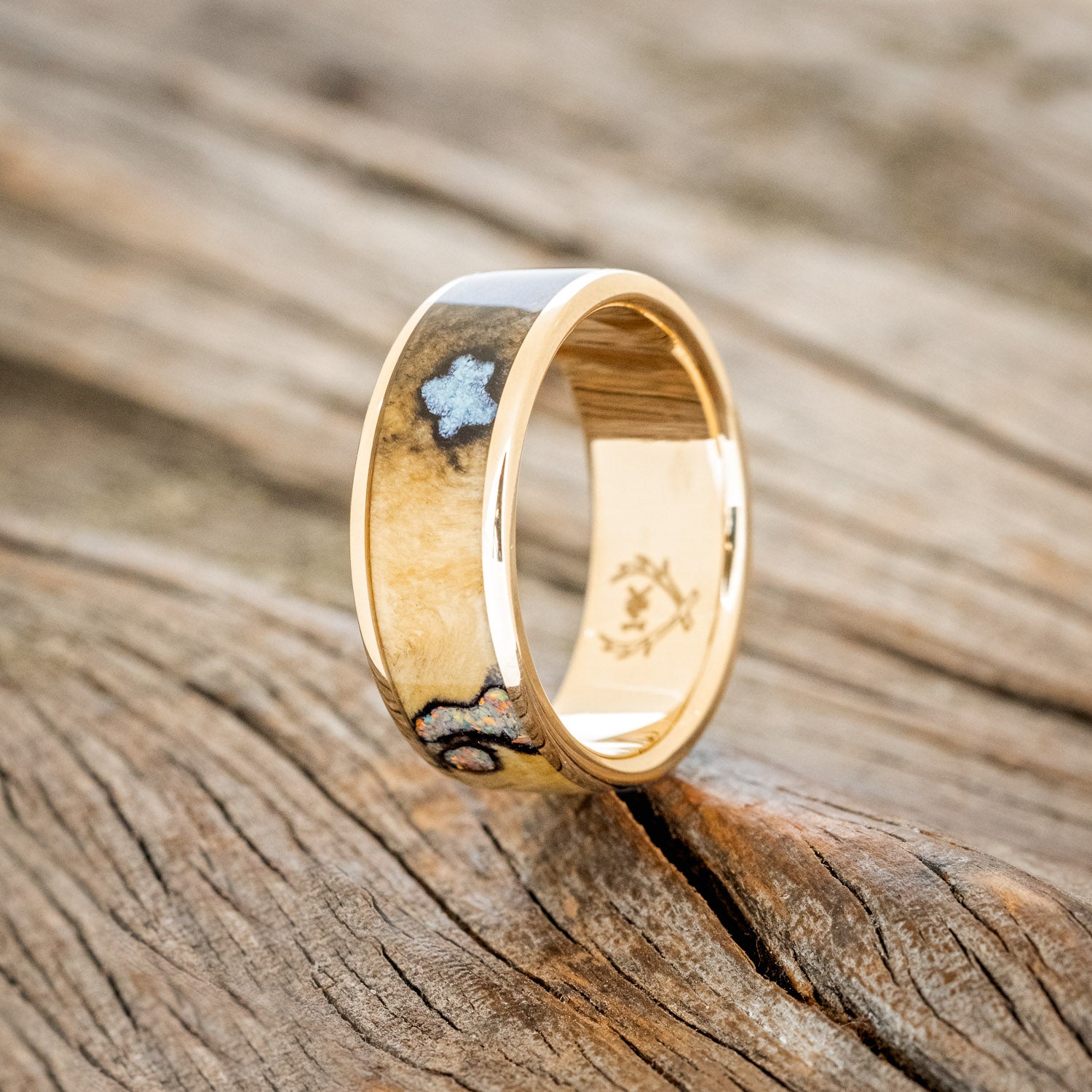 "RAINIER" - BUCKEYE BURL WOOD, OPAL & TURQUOISE WEDDING BAND-10