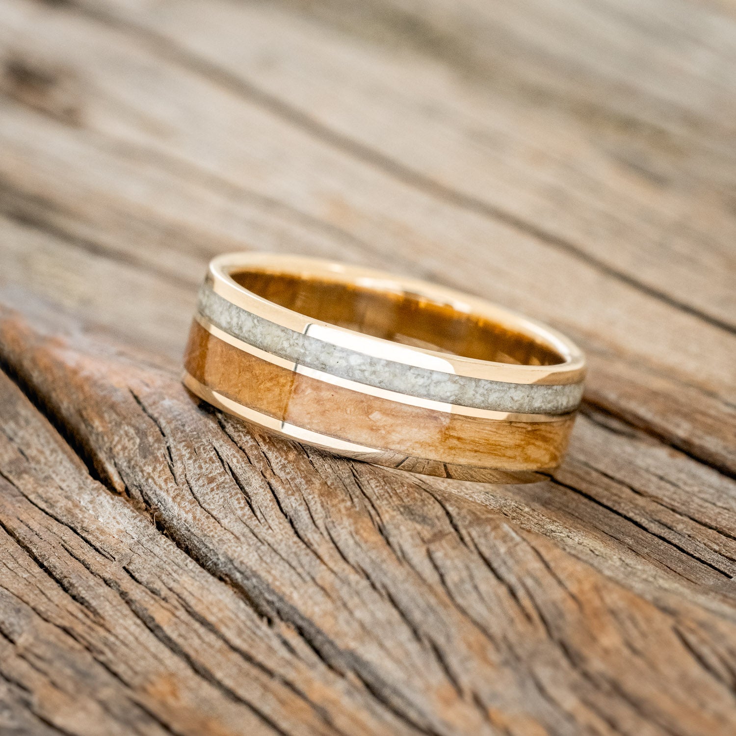 "RAPTOR" - WHISKEY BARREL OAK & ELK TOOTH IVORY WEDDING BAND-11