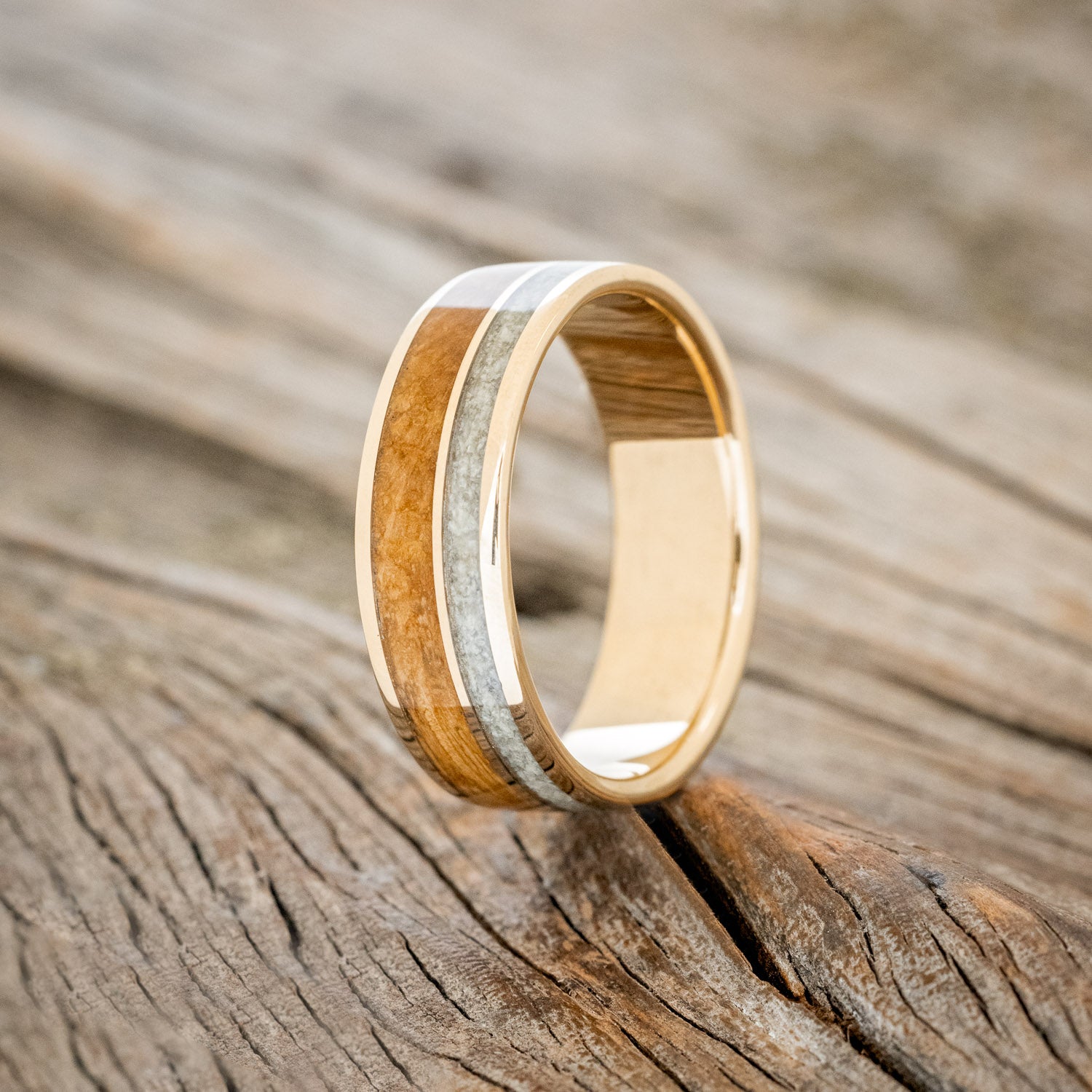 "RAPTOR" - WHISKEY BARREL OAK & ELK TOOTH IVORY WEDDING BAND-10