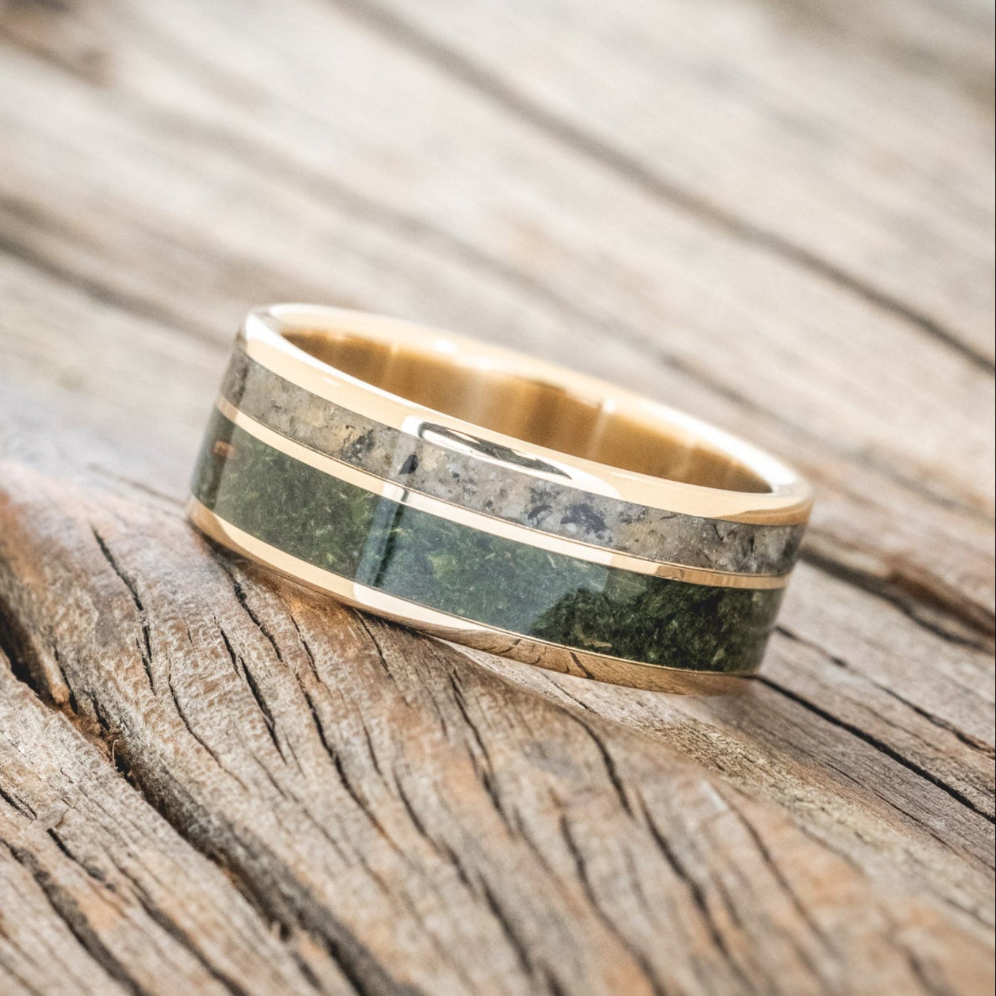 "RAPTOR" - MOSS WITH MOLDAVITE & MOONSTONE MIX WEDDING BAND-5