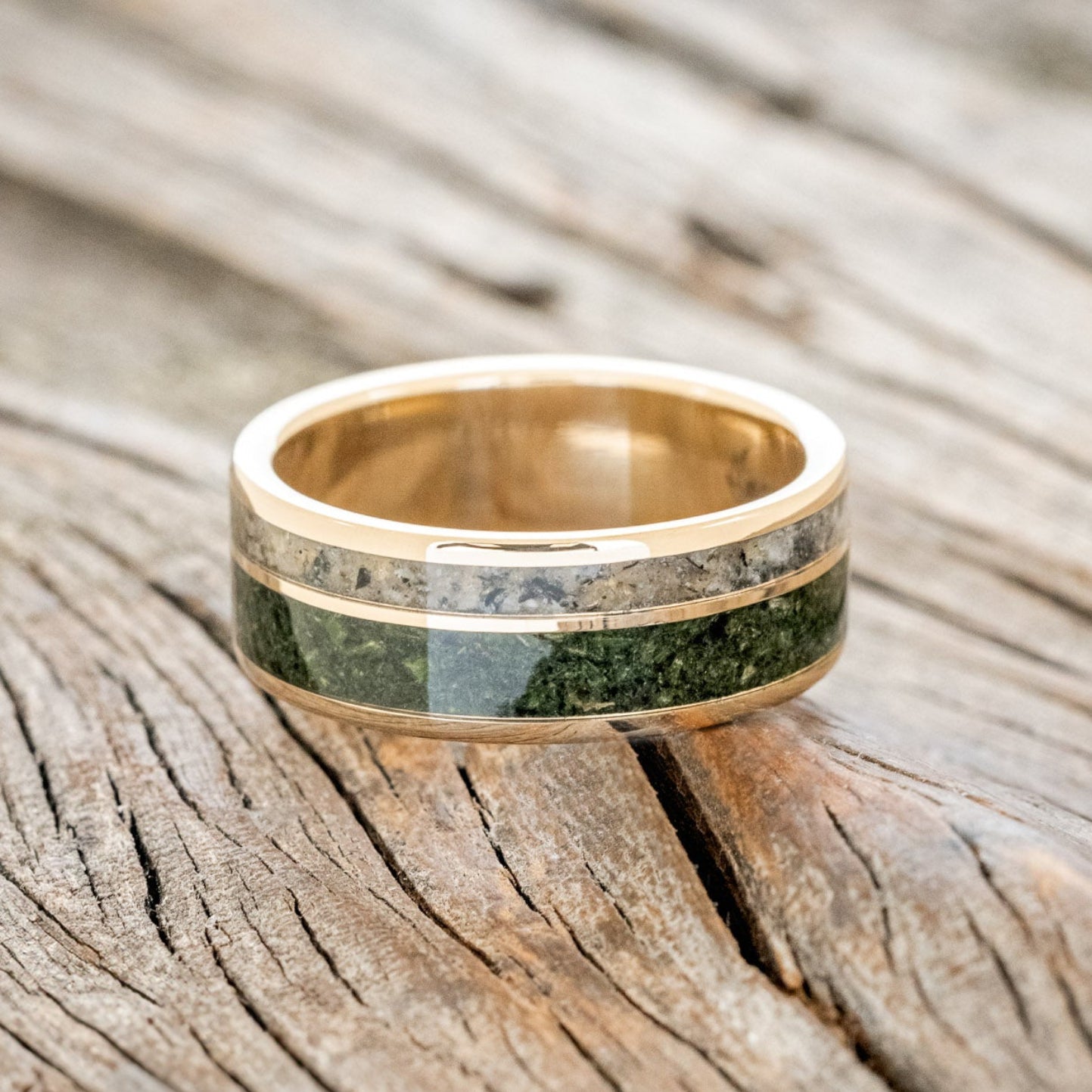 "RAPTOR" - MOSS WITH MOLDAVITE & MOONSTONE MIX WEDDING BAND-6