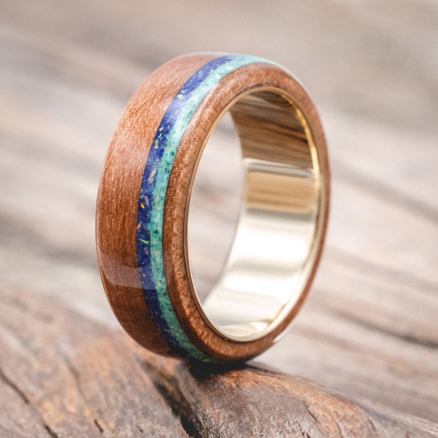 "REMMY" - REDWOOD, LAPIS LAZULI & MALACHITE WITH OPAL MIX WEDDING BAND-Staghead Designs