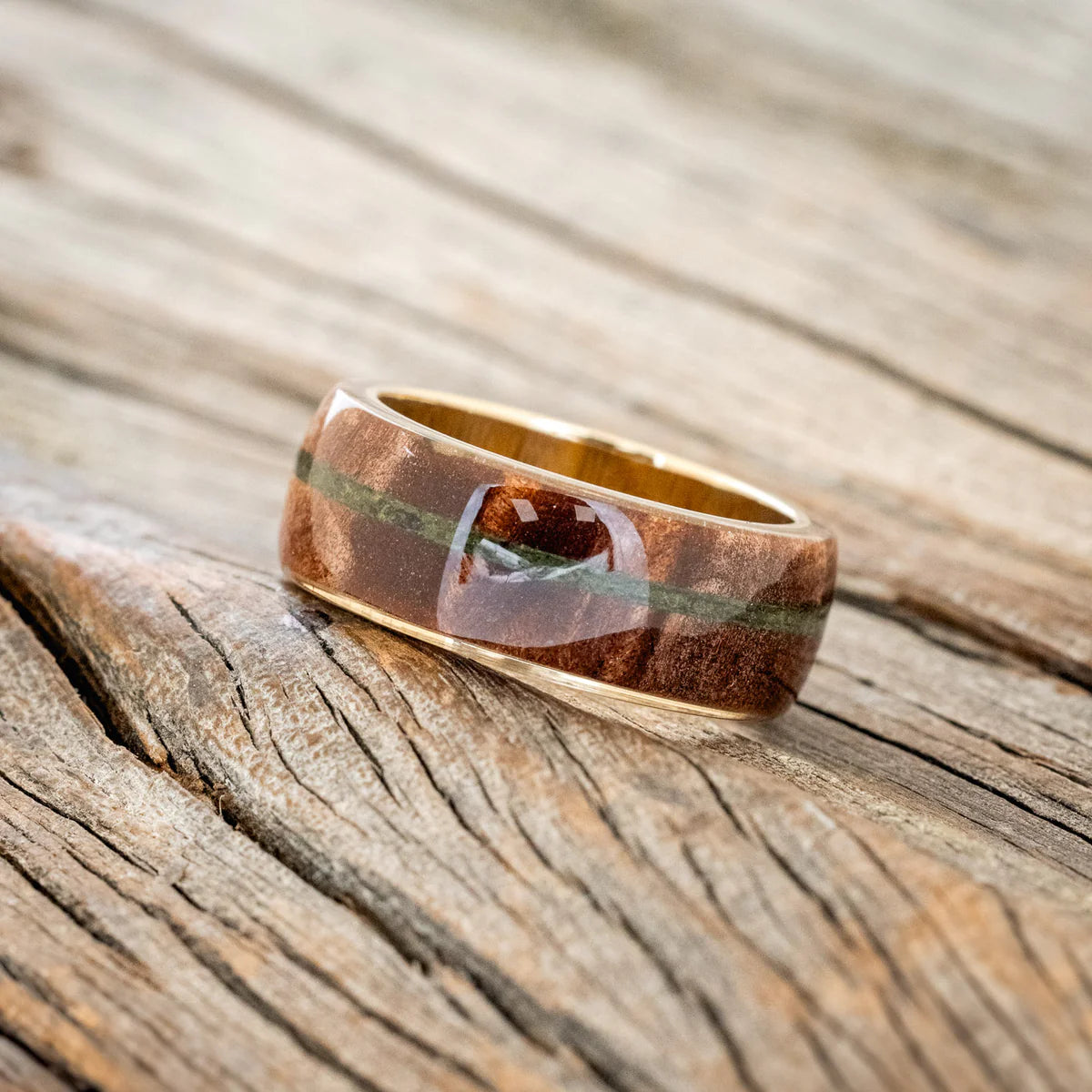 "REMMY" - REDWOOD & MOSS WEDDING RING - 14K YELLOW GOLD - SIZE 9-Staghead Designs