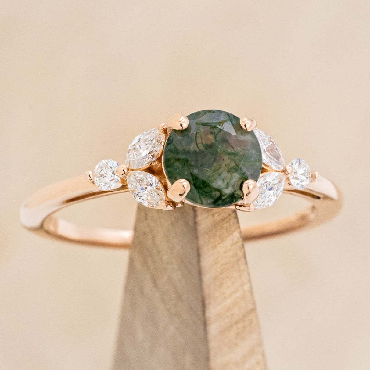 "BLOSSOM" - ROUND CUT MOSS AGATE ENGAGEMENT RING WITH LEAF-SHAPED DIAMOND ACCENTS-16